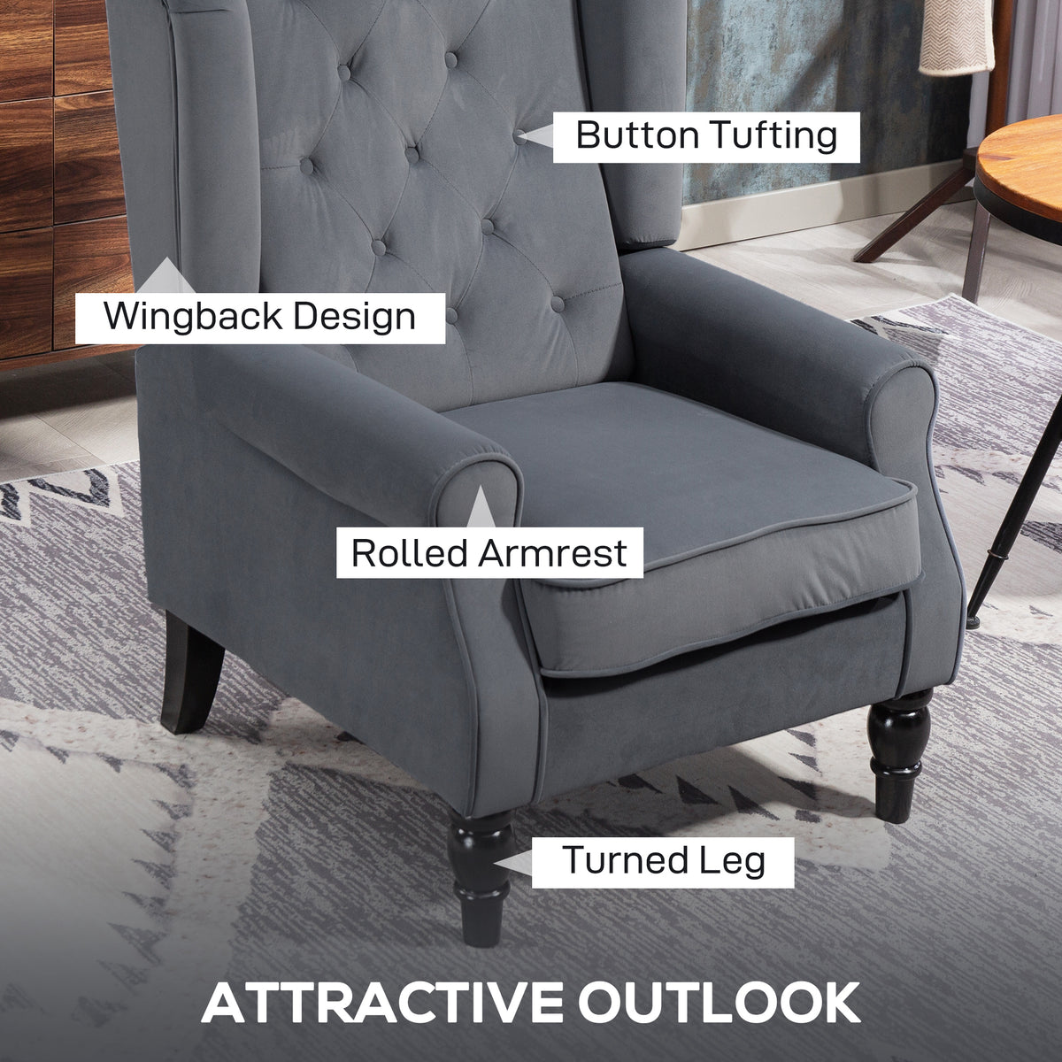 HOMCOM Wingback Accent Chair, Retro Upholstered Button Tufted Occasional Chair for Living Room and Bedroom dimensions Dark grey features