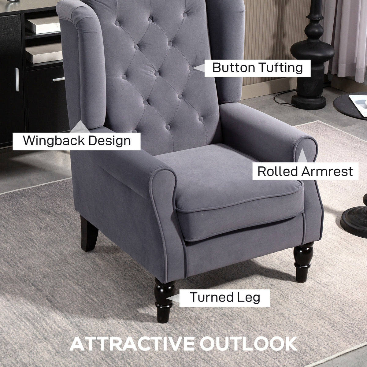 HOMCOM_Wingback_Accent_Chair_Retro_Upholstered_Button_Tufted_Occasional_Chair_for_Living_Room_and_Bedroom_dimensions_Dark_grey_features