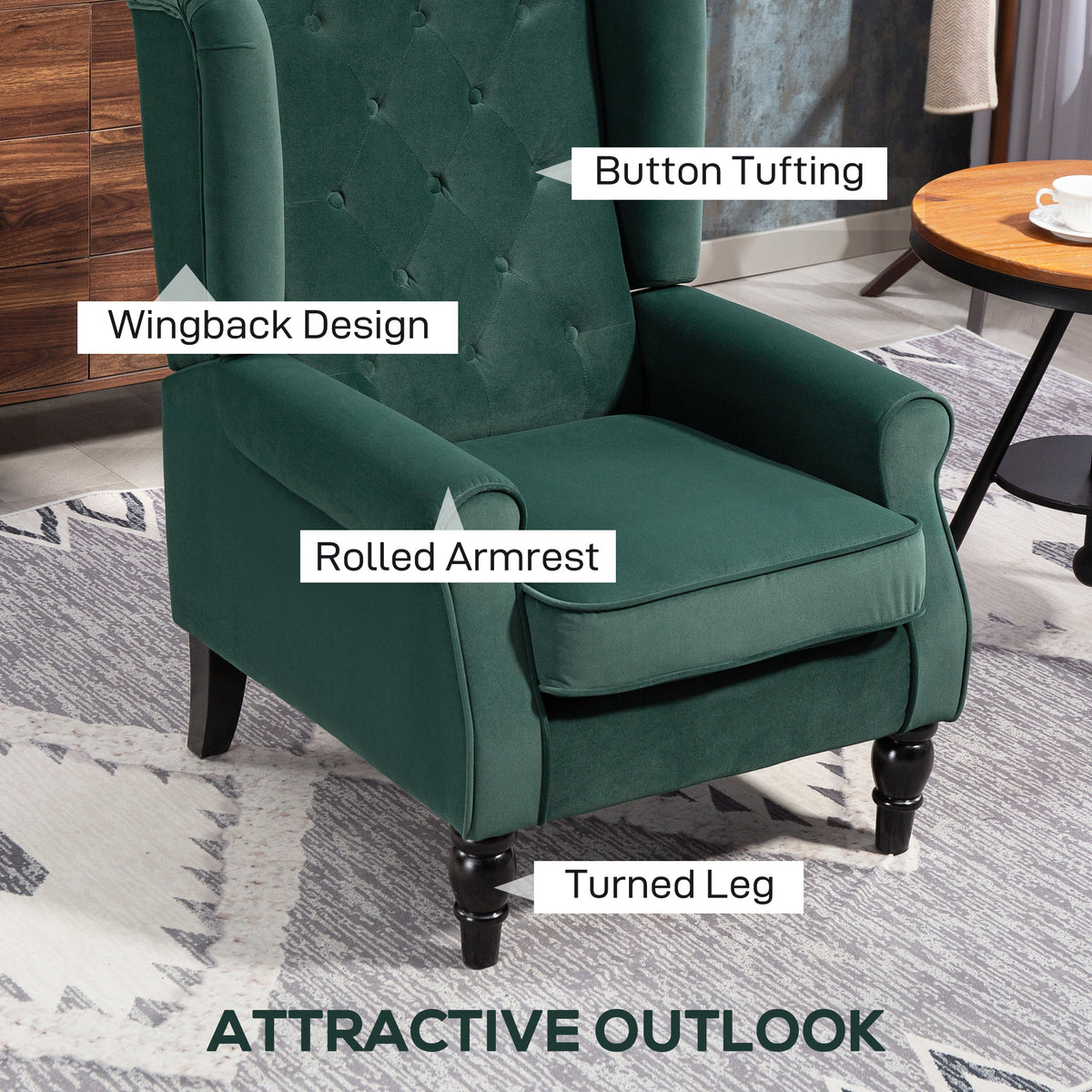 HOMCOM Wingback Accent Chair, Retro Upholstered Button Tufted Occasional Chair for Living Room and Bedroom dimensions green features