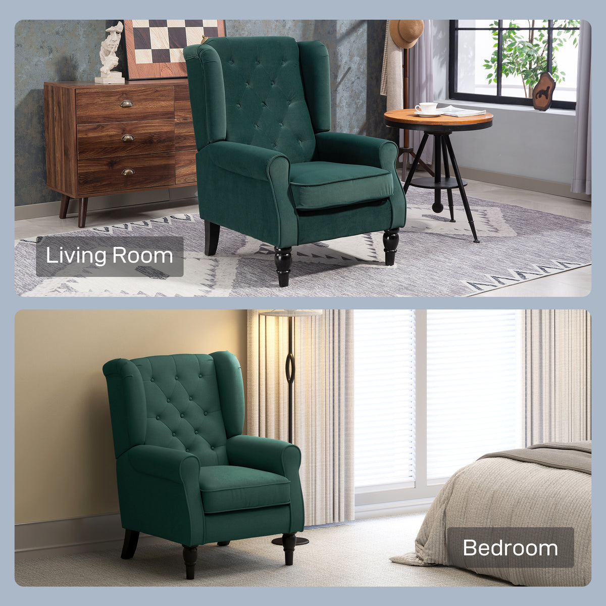 HOMCOM Wingback Accent Chair, Retro Upholstered Button Tufted Occasional Chair for Living Room and Bedroom dimensions green use