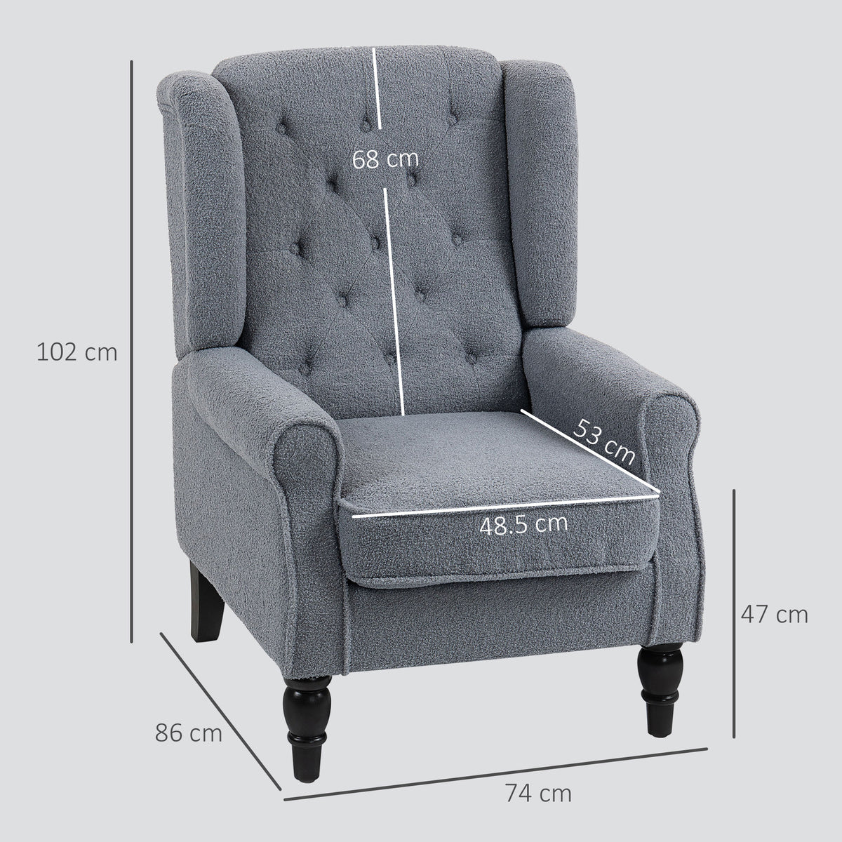 HOMCOM Wingback Accent Chair, Retro Upholstered Button Tufted Occasional Chair for Living Room and Bedroom dimensions grey