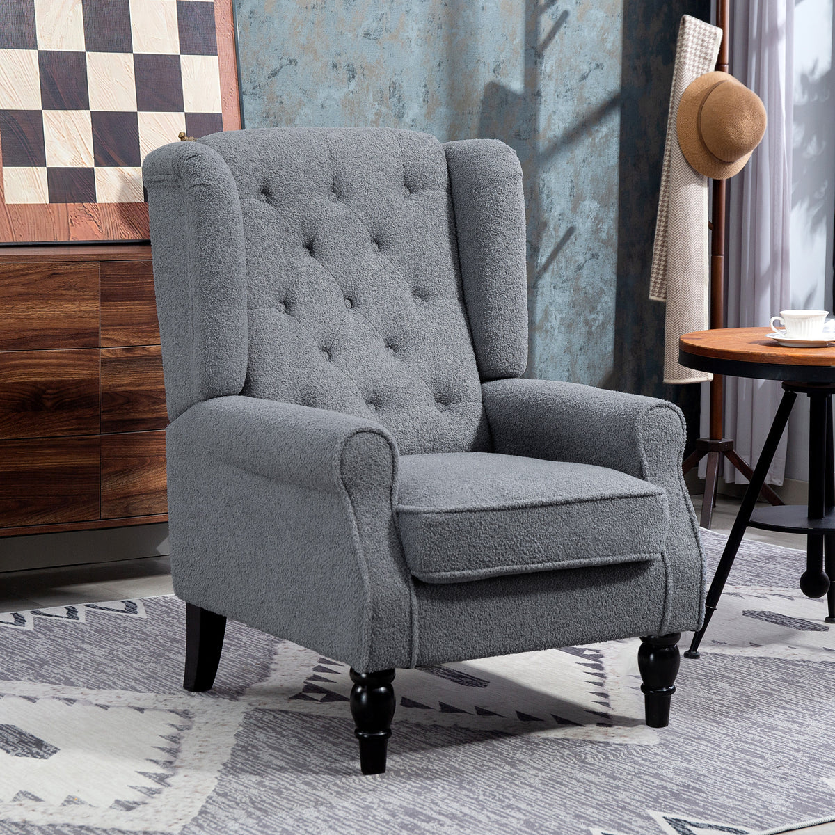 HOMCOM Wingback Accent Chair, Retro Upholstered Button Tufted Occasional Chair for Living Room and Bedroom dimensions grey in room 