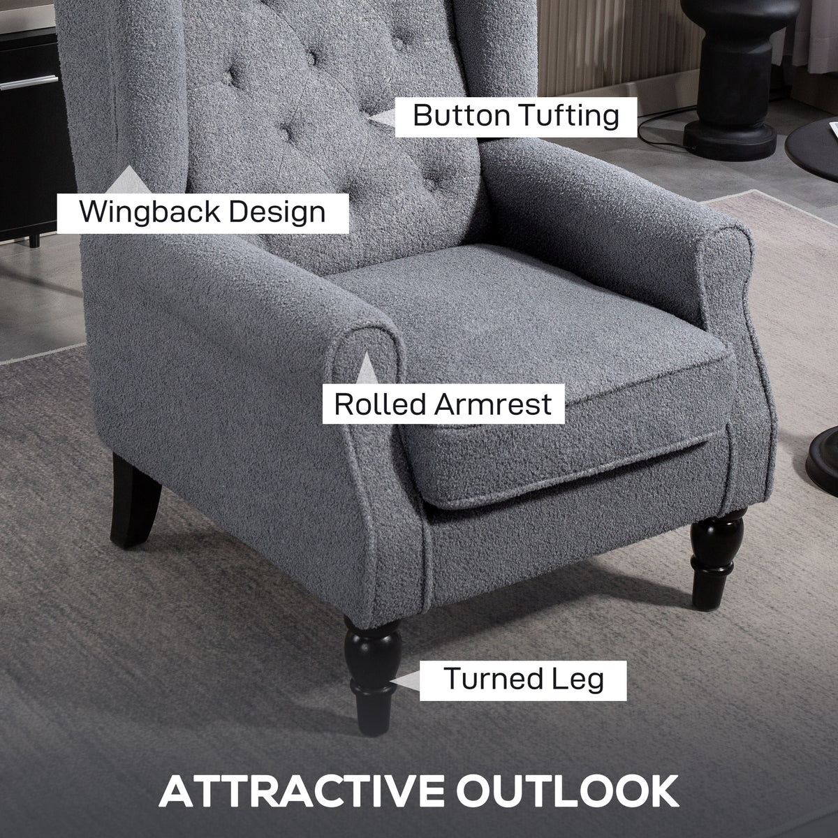 HOMCOM Wingback Accent Chair, Retro Upholstered Button Tufted Occasional Chair for Living Room and Bedroom Attractive features Grey