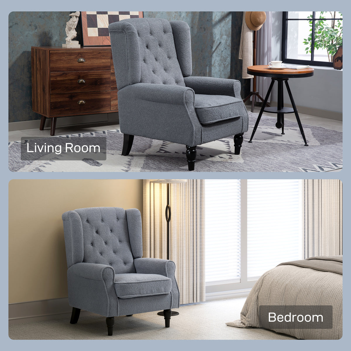 HOMCOM Wingback Accent Chair, Retro Upholstered Button Tufted Occasional Chair for Living Room and Bedroom life Grey