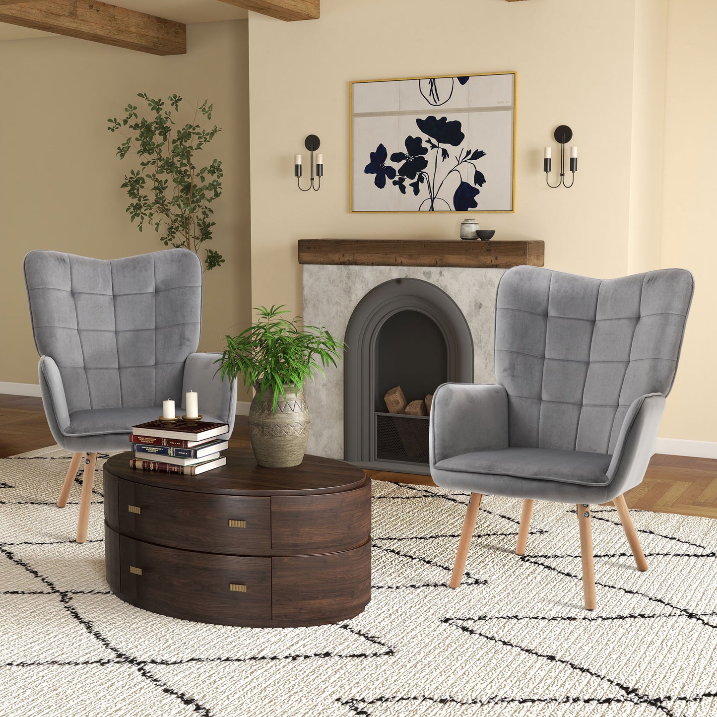 Modern Accent Chair Velvet-Touch Tufted Wingback Armchair Upholstered Leisure Lounge Sofa Club Chair with Wood Legs, Set of 2
