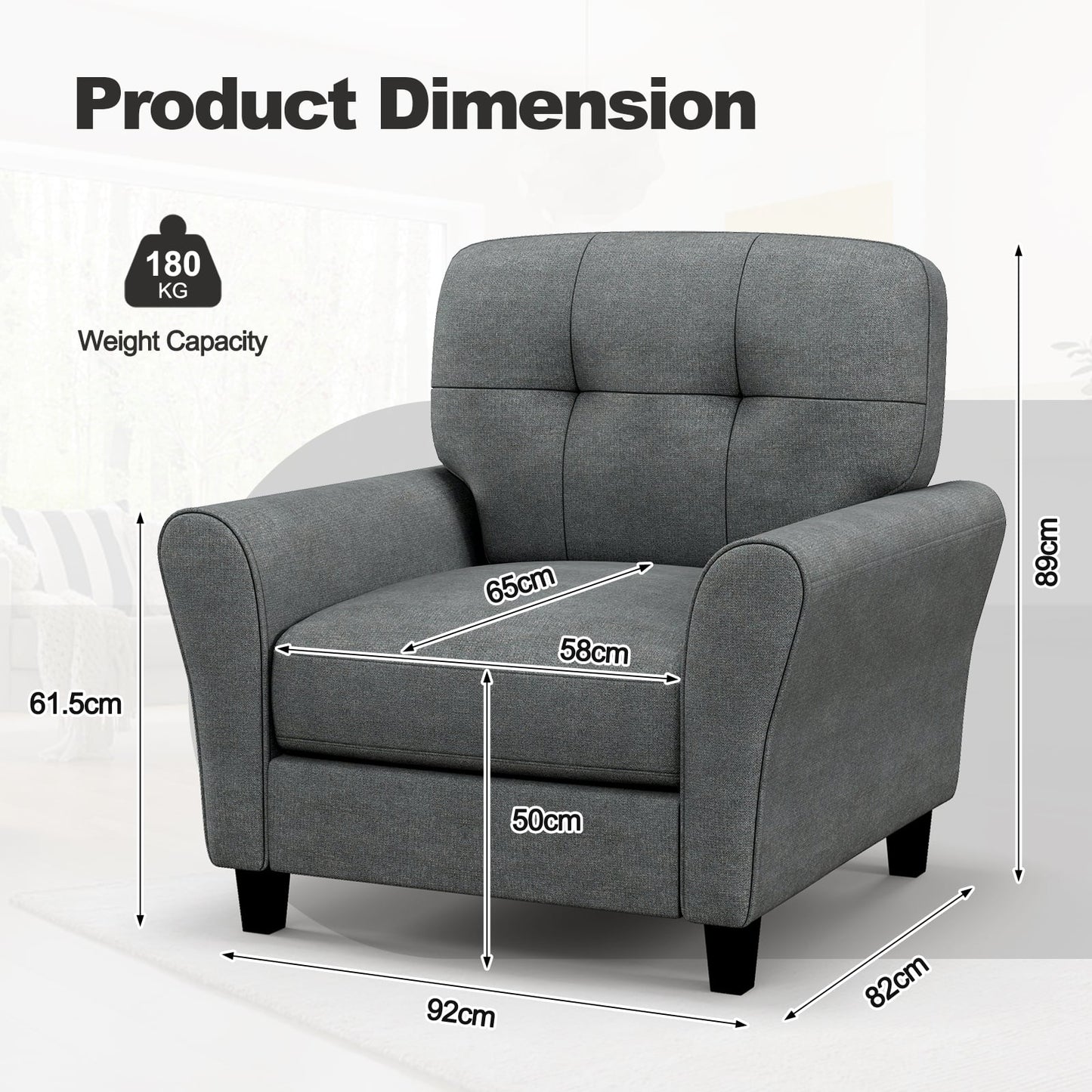 Tufted Upholstered Accent Chair with Non-slip Foot Pads Lifestyle Dimensions Grey