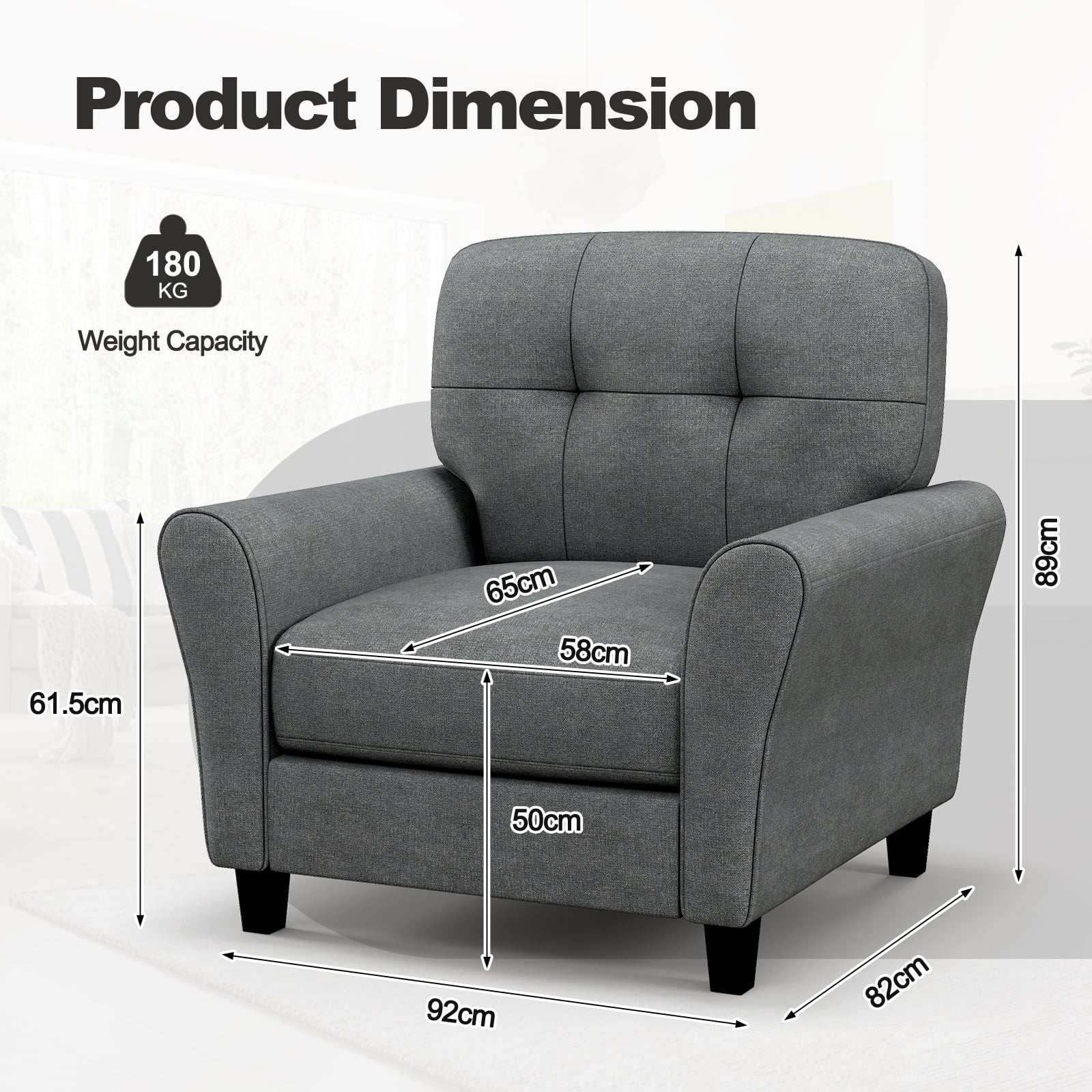 Tufted Upholstered Accent Chair with Non-slip Foot Pads Lifestyle Dimensions Grey