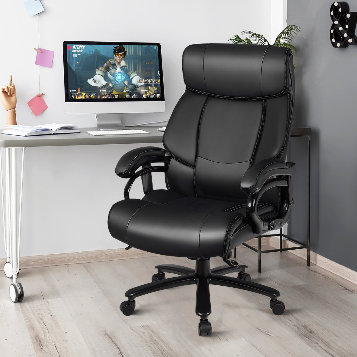 PU Leather Massage Office Chair with Thick Foam Cushion-Black with
Full-body massage function and 
5 massage modes -  2 intensity levels - Targets 6 massage zones - Ergonomic high backrest with headrest - Thick high-density sponge cushioning - Adjustable seat height- Tilt  gentle rocking function - 360° swivel with smooth rolling wheels - Heavy-duty steel frame  base - Side pocket for remote or phone