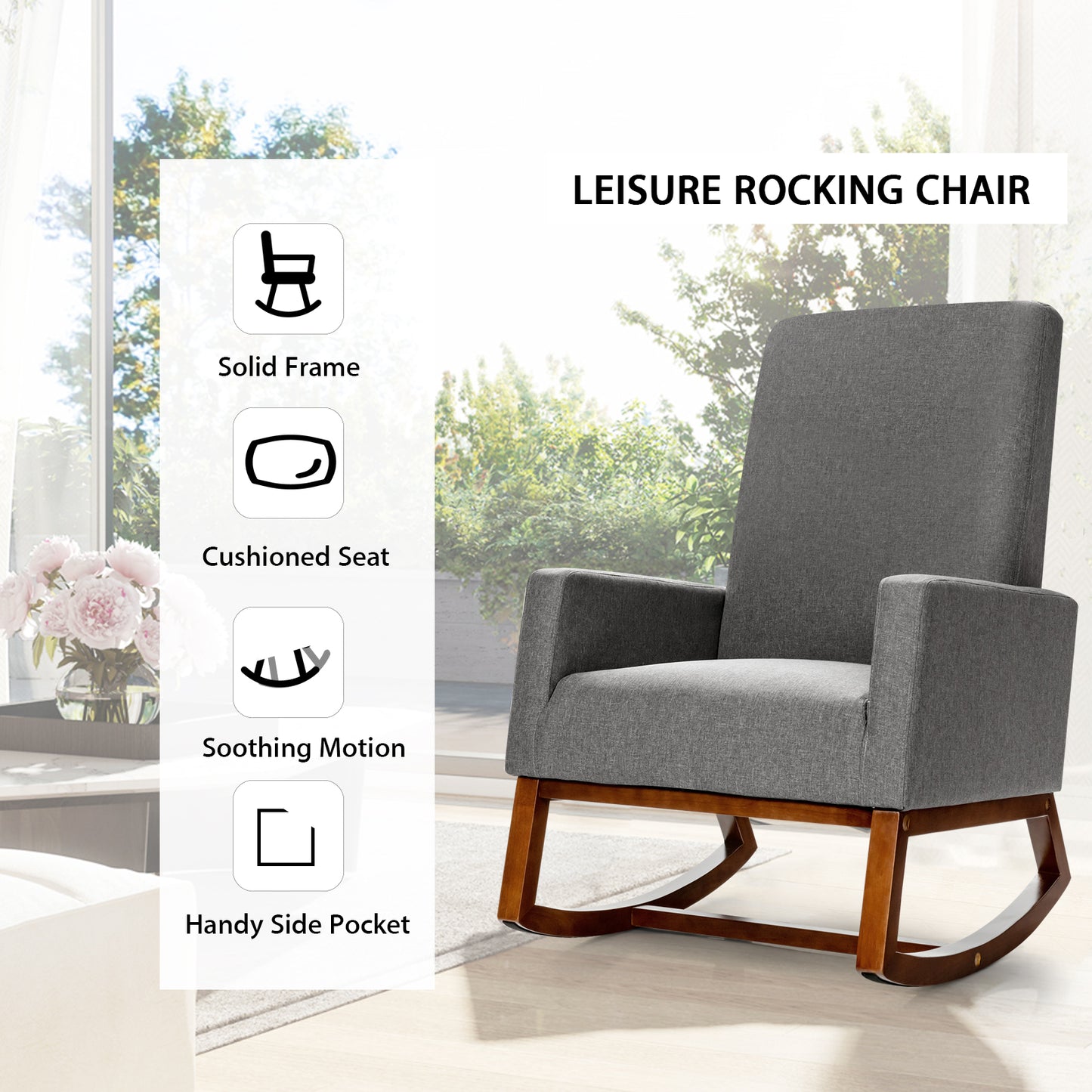 Upholstered Fabric Armchair with Rubber Wood Base Solid Frame and Cushioned seat Soothing motion and side pocket Grey