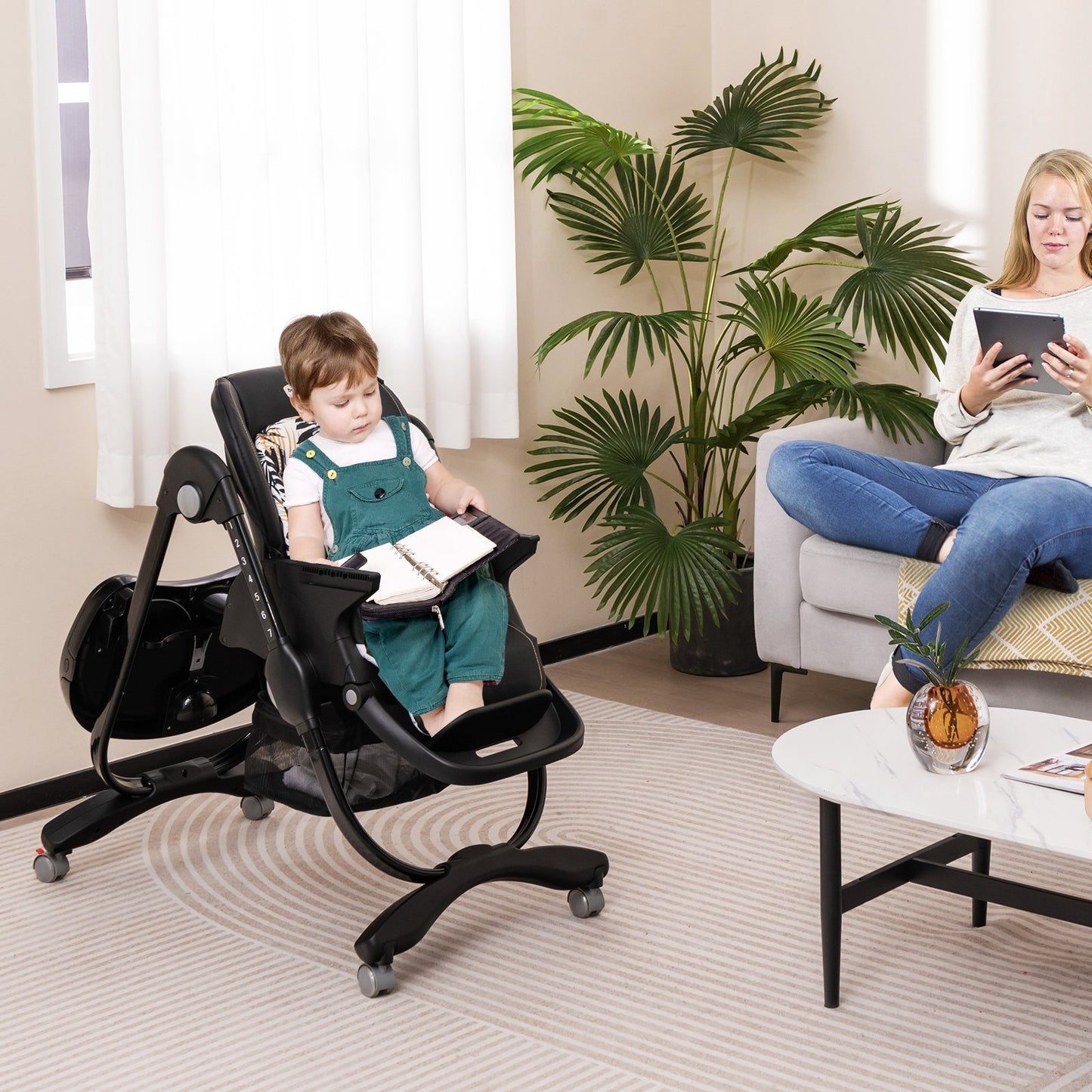 Multifunctional Folding Baby High Chair with Rolling Wheels-Black