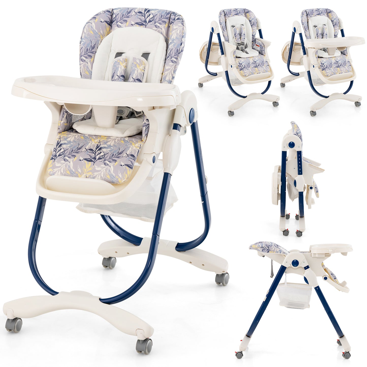 Multifunctional Folding Baby High Chair with Rolling Wheels Navy 