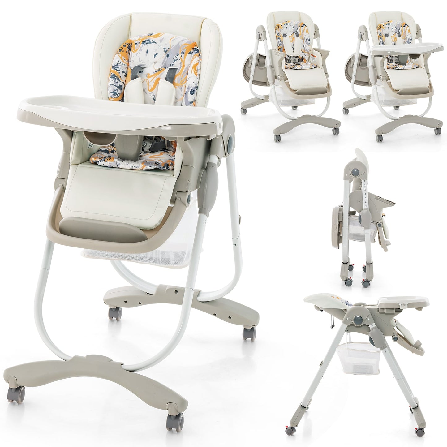 Multifunctional Folding Baby High Chair with Rolling Wheels White  Foldable easy to carry 