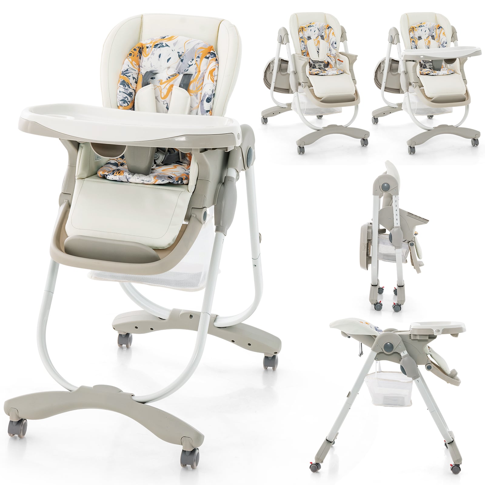 Multifunctional Folding Baby High Chair with Rolling Wheels White  Foldable easy to carry 