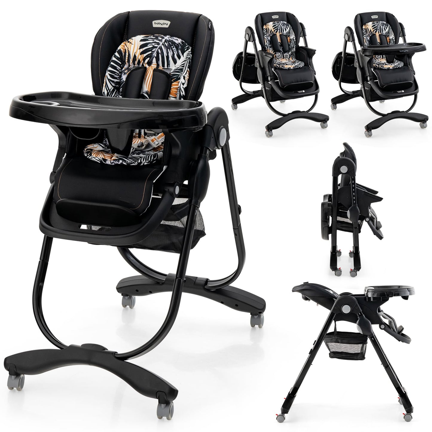 Multifunctional Folding Baby High Chair with Rolling Wheels Black