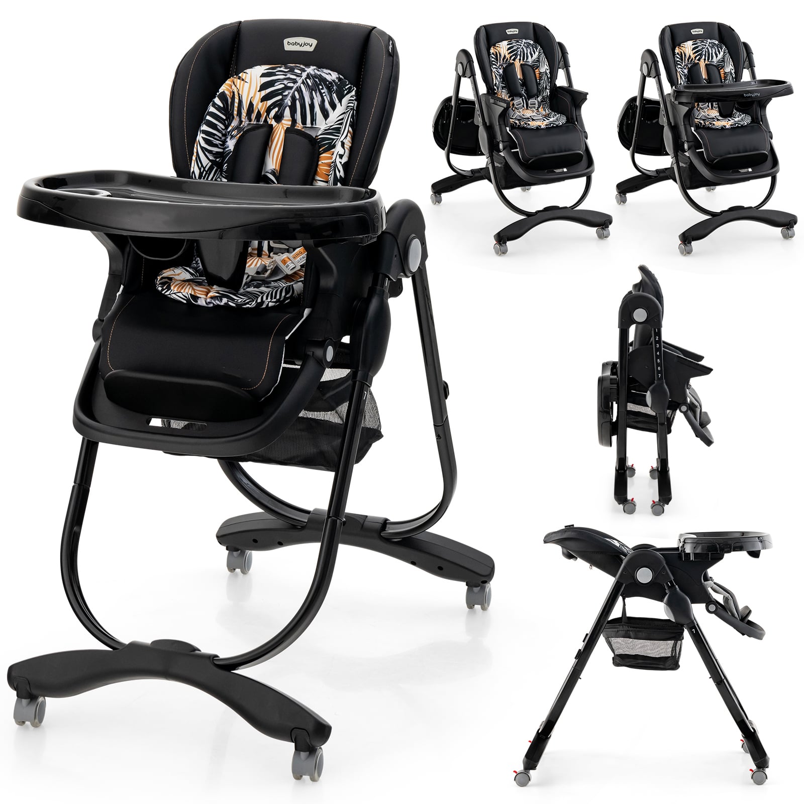 Multifunctional Folding Baby High Chair with Rolling Wheels Black