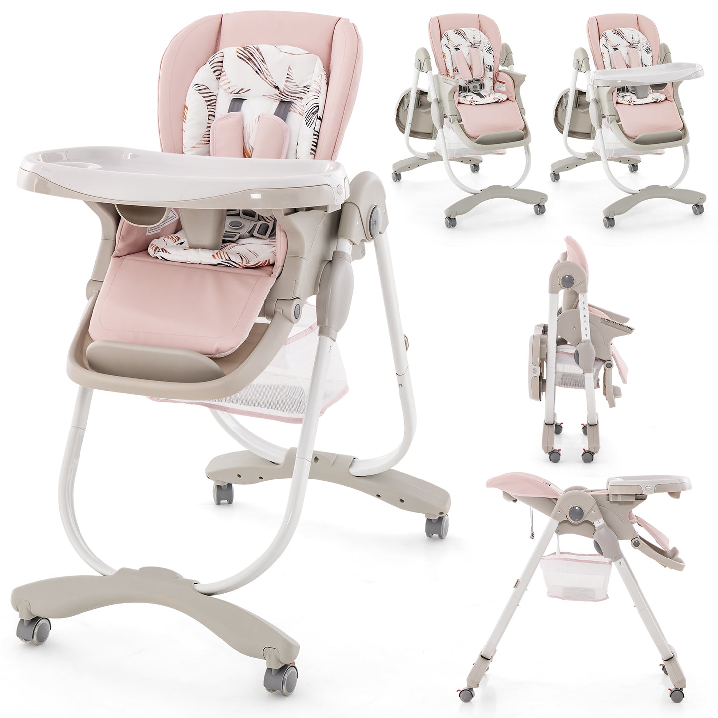 Multifunctional Folding Baby High Chair with Rolling Wheels Pink