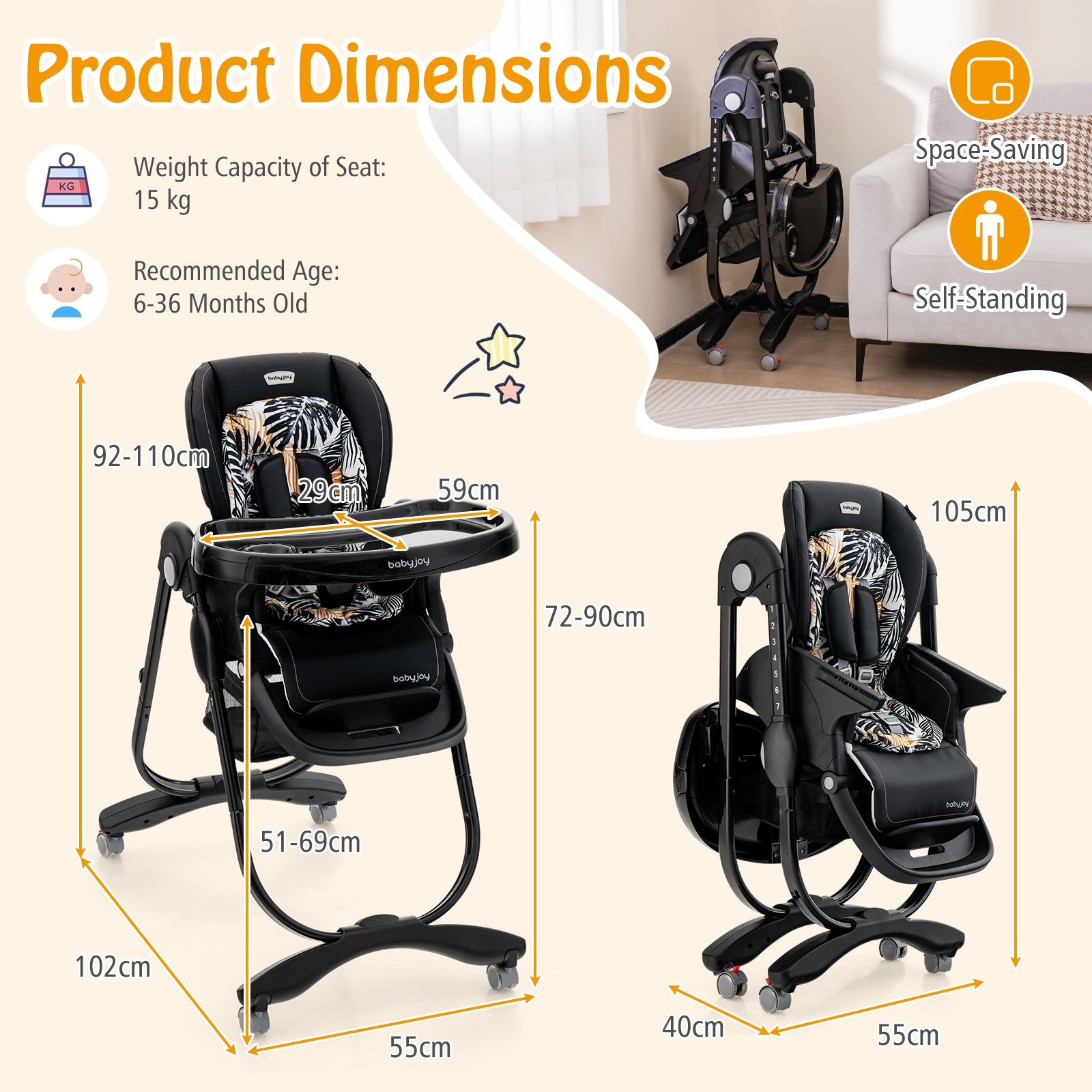 Multifunctional Folding Baby High Chair with Rolling Wheels Black Dimensions