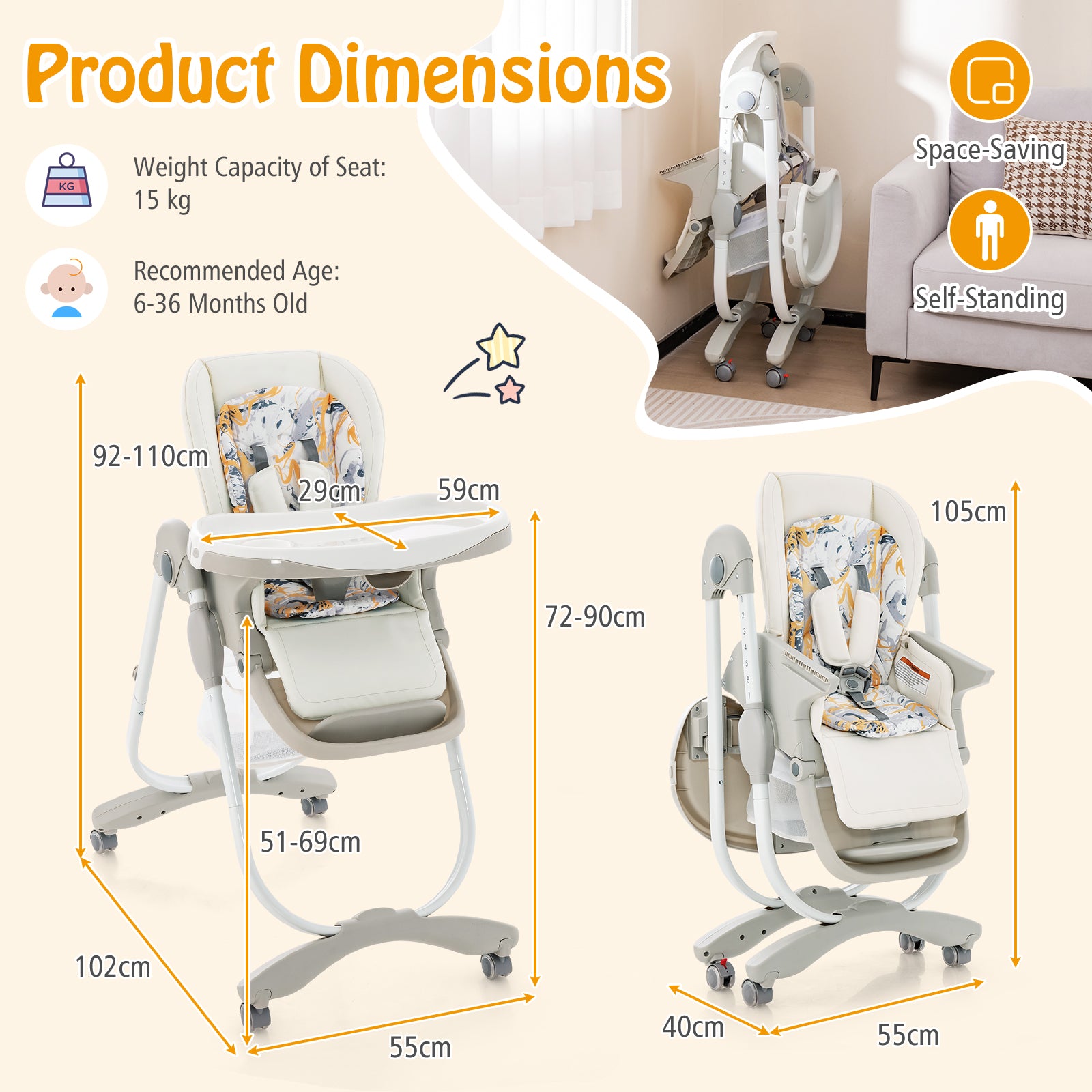 Multifunctional Folding Baby High Chair with Rolling Wheels White Dimensions