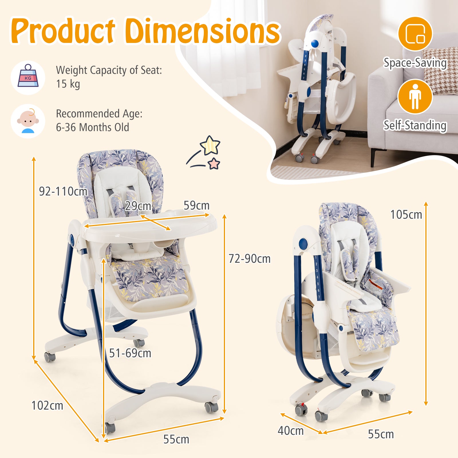 Multifunctional Folding Baby High Chair with Rolling Wheels Navy Dimensions at Chairway