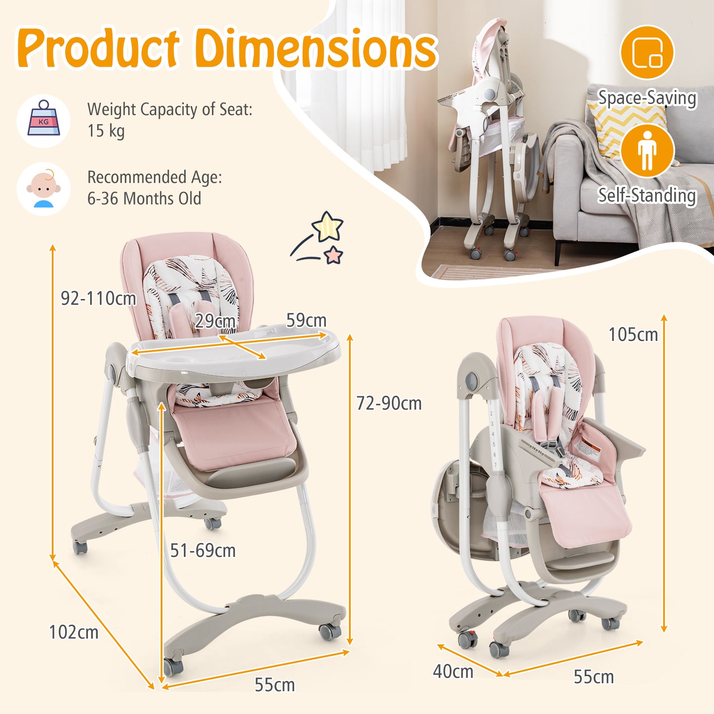 Multifunctional Folding Baby High Chair with Rolling Wheels Pink Dimensions