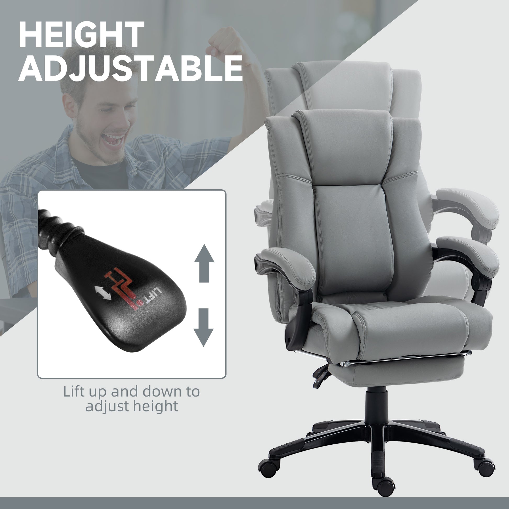 Image for Vinsetto PU Leather Office Chair, Swivel Computer Chair with Footrest, Wheels, Adjustable Height, Grey