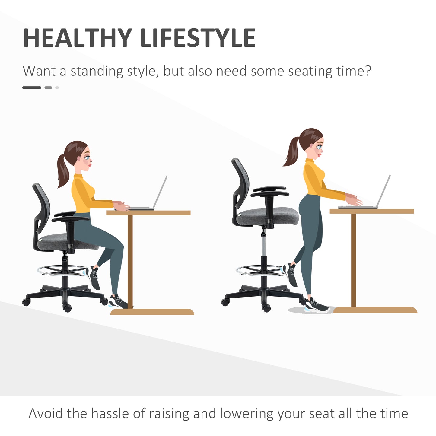 Image for Vinsetto Drafting Chair Tall Office Fabric Standing Desk Chair with Adjustable Footrest Ring, Arm, Swivel Wheels, Grey