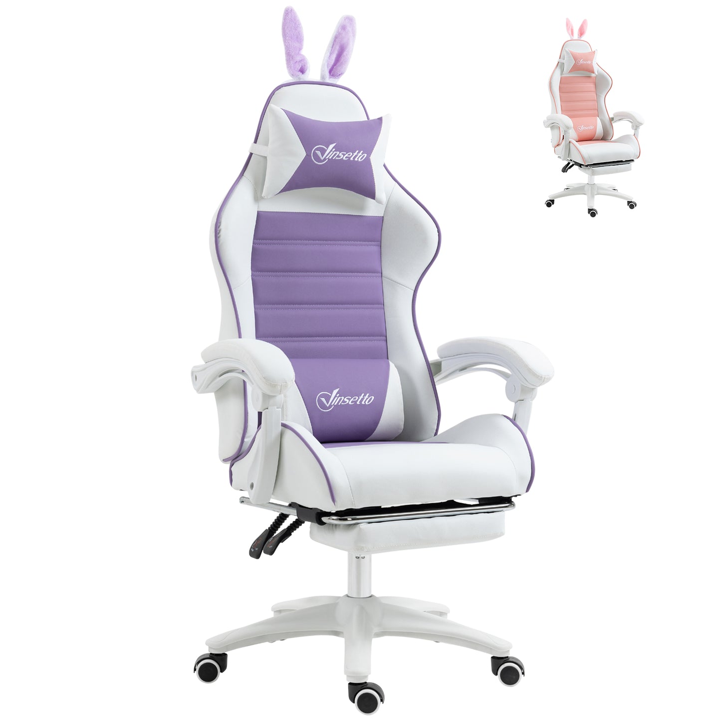 Image for Vinsetto Racing Gaming Chair, Reclining PU Leather Computer Chair with Removable Rabbit Ears, Footrest, Headrest and Lumber Support, Purple