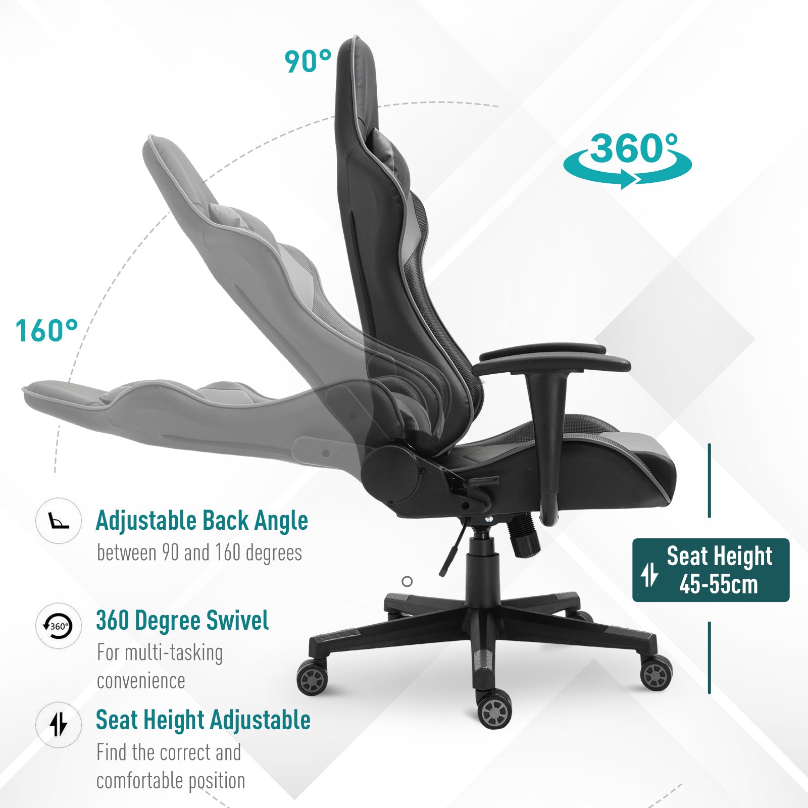 Image for Vinsetto High Back Racing Gaming Chair Reclining 360° Swivel Rocking Height Adjustable with Pillow and Build-in Lumbar Home Black PU Leather