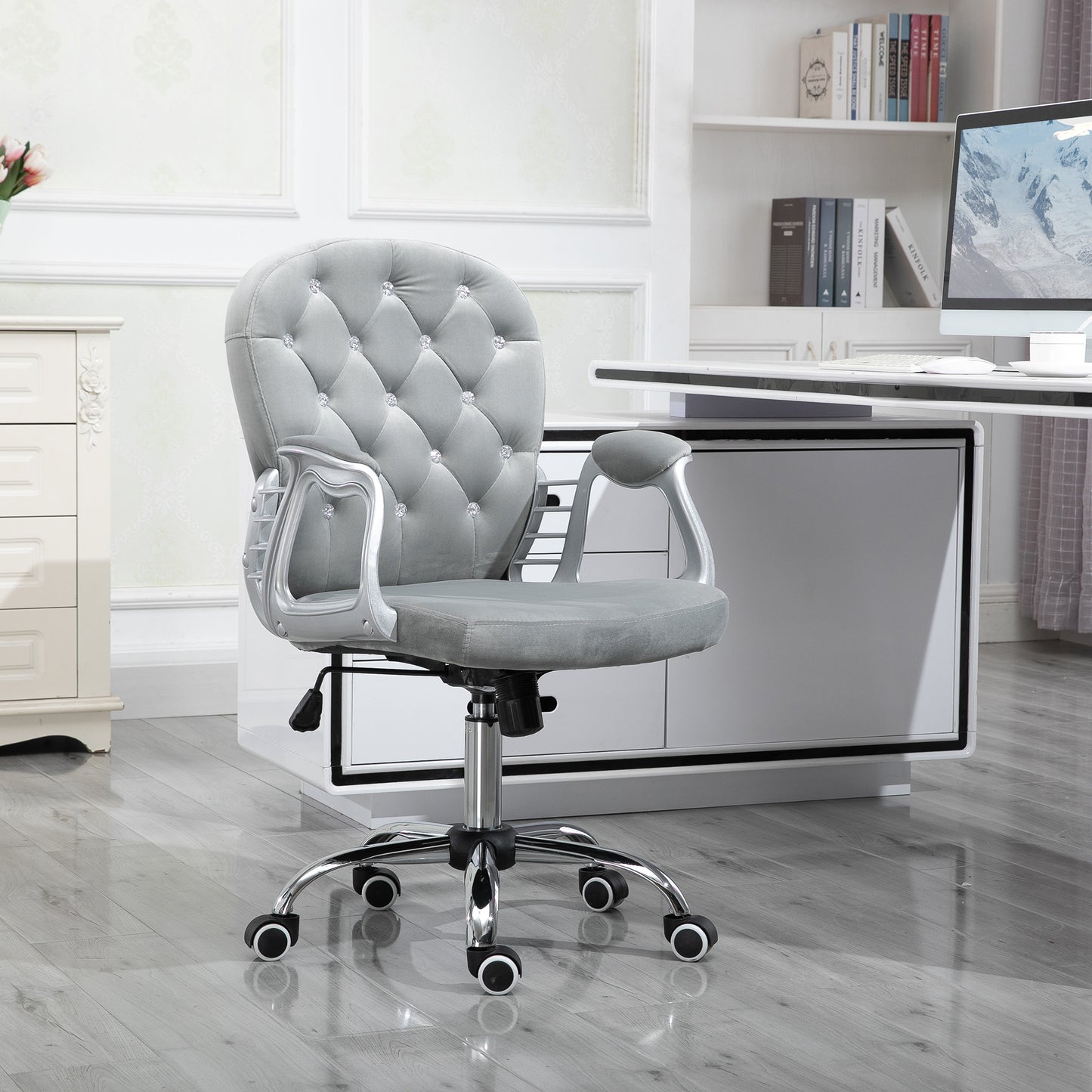 Image for Vinsetto Office Chair Ergonomic 360° Swivel Diamond Tufted Home Work Velour Padded Base 5 Castor Wheels Grey