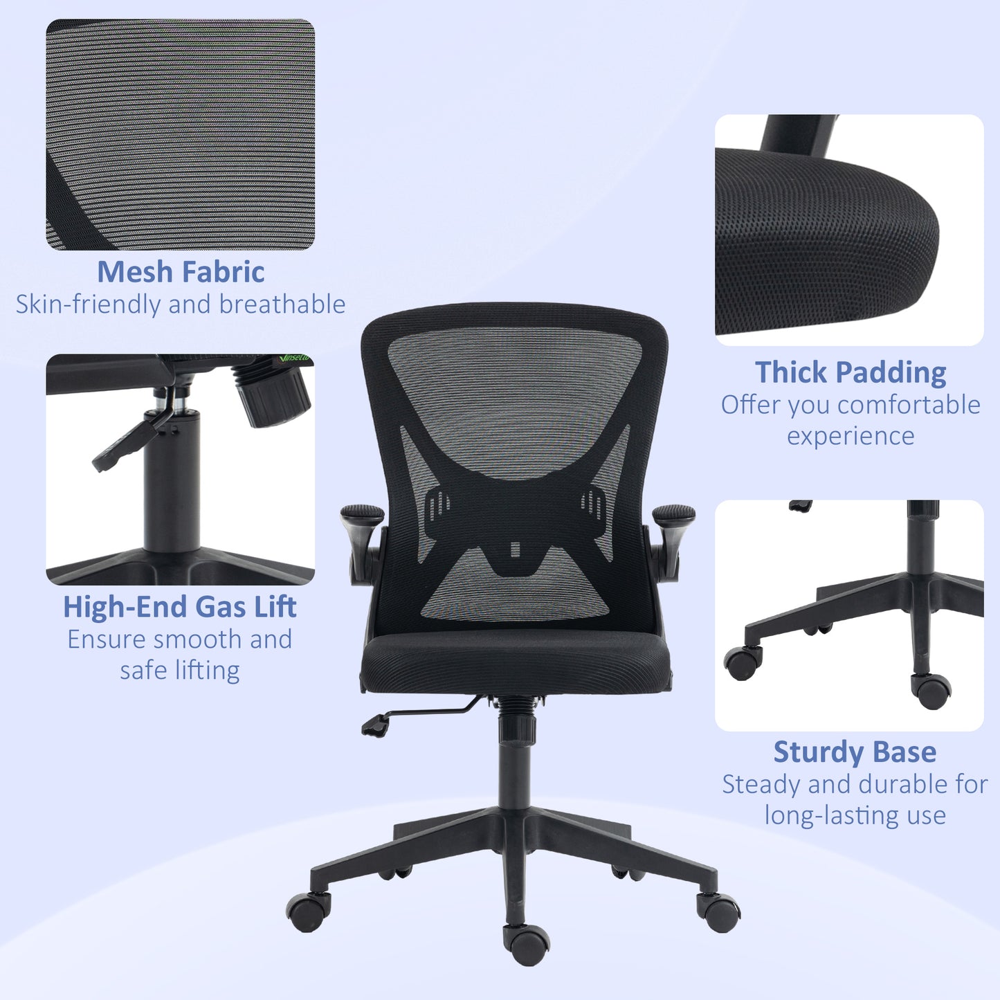 Image for Vinsetto Mesh Office Chair Swivel Task Desk Chair for Home with Lumbar Back Support, Adjustable Height, Flip-Up Arm, Black