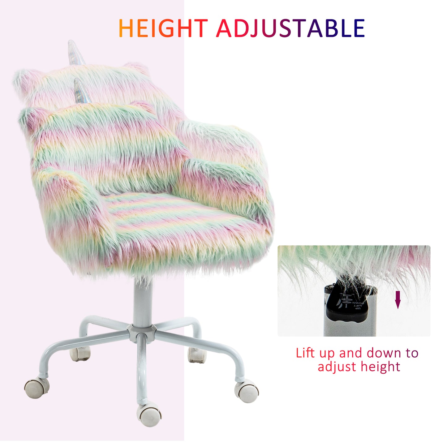 Image for Vinsetto Unicorn Home Office Chair, Height Adjustable Fluffy Desk Chair with Armrests and Swivel Wheels, Colourful