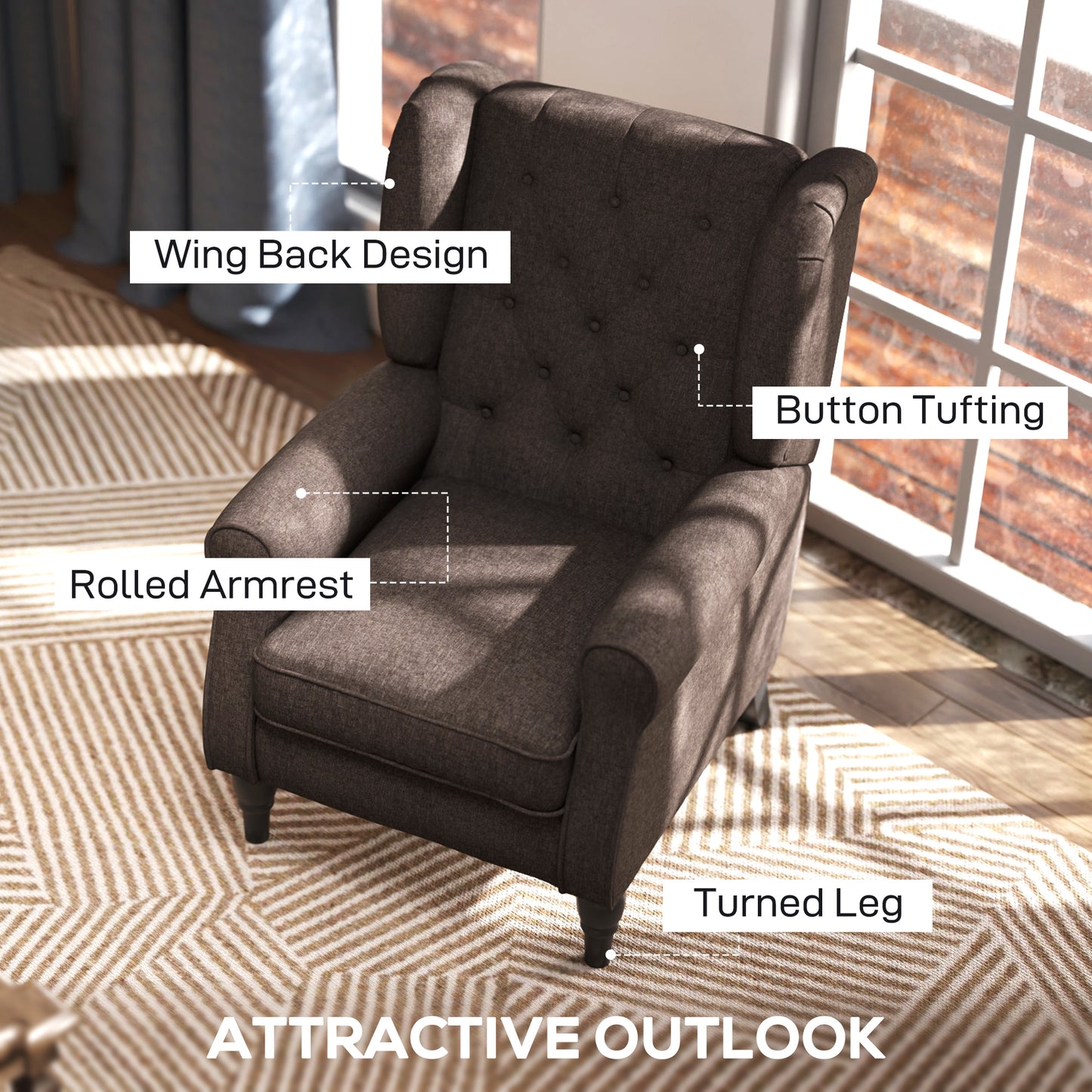 HOMCOM Retro Accent Chair, Wingback Armchair with Wood Frame Button Tufted Design for Living Room Bedroom - ChairwayUK