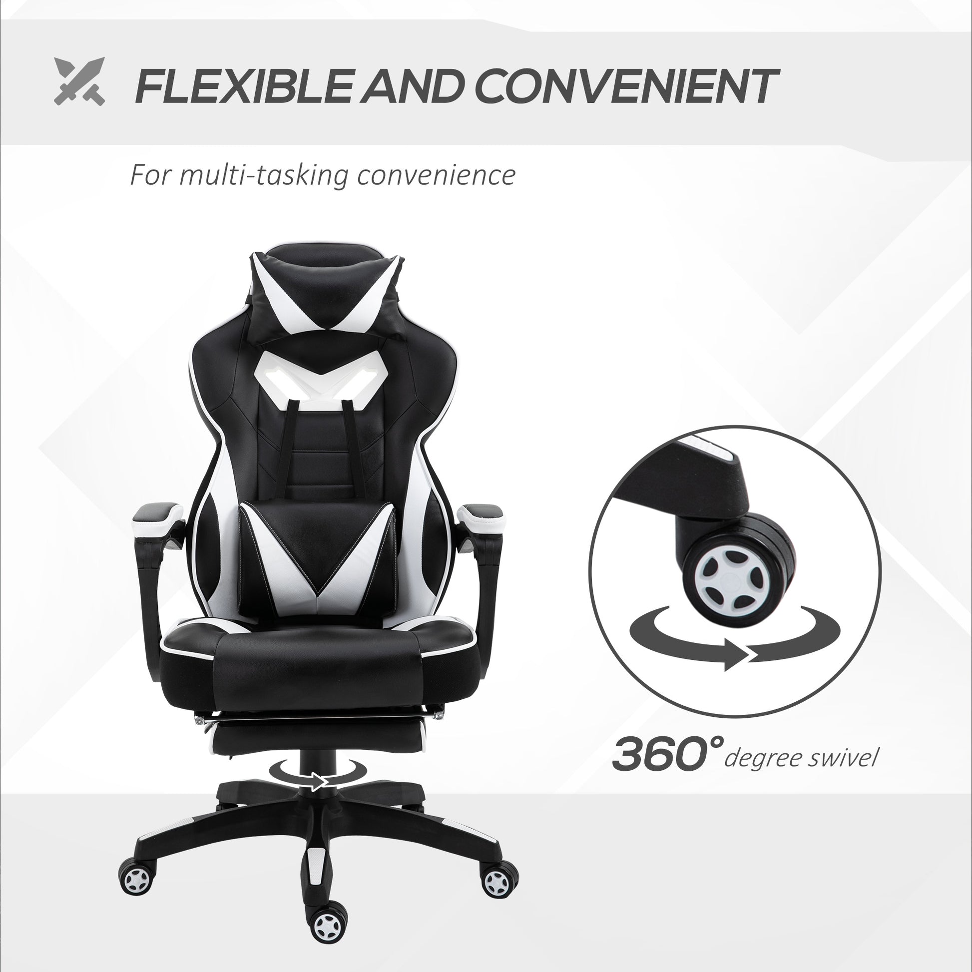 Image for Vinsetto Ergonomic Racing Gaming Chair Office Desk Chair Adjustable Height Recliner with Wheels, Headrest, Lumbar Support, Retractable Footrest White