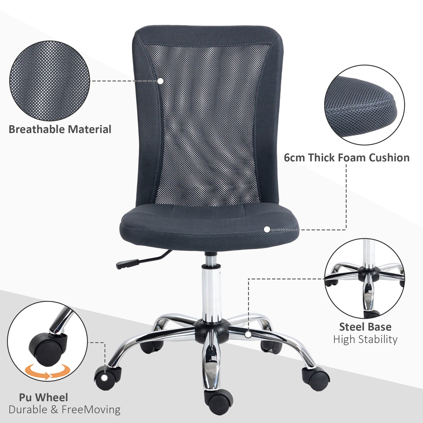 Image for Vinsetto Computer Desk Chair, Mesh Office Chair with Adjustable Height and Swivel Wheels, Armless Study Chair, Dark Grey