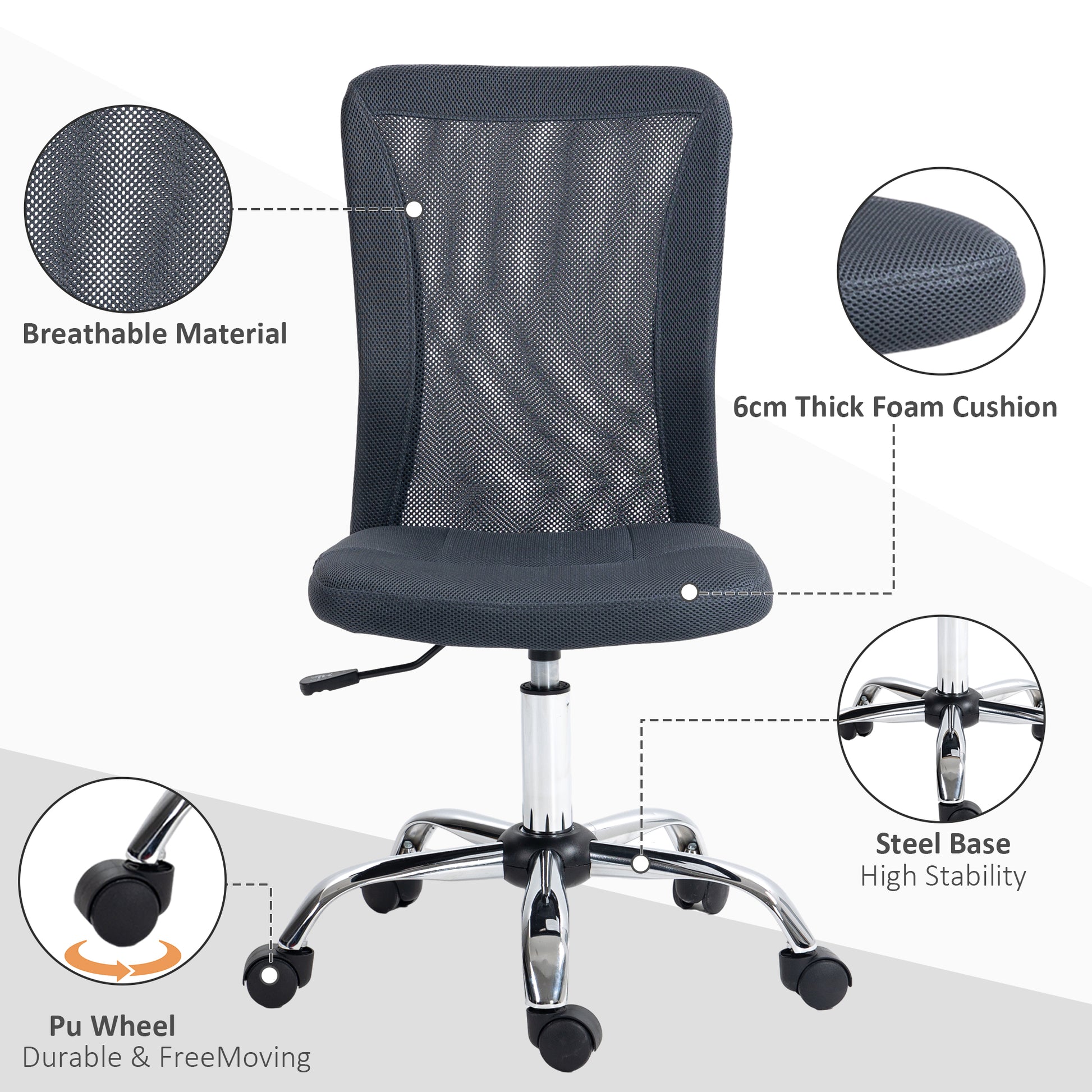 Image for Vinsetto Computer Desk Chair, Mesh Office Chair with Adjustable Height and Swivel Wheels, Armless Study Chair, Dark Grey