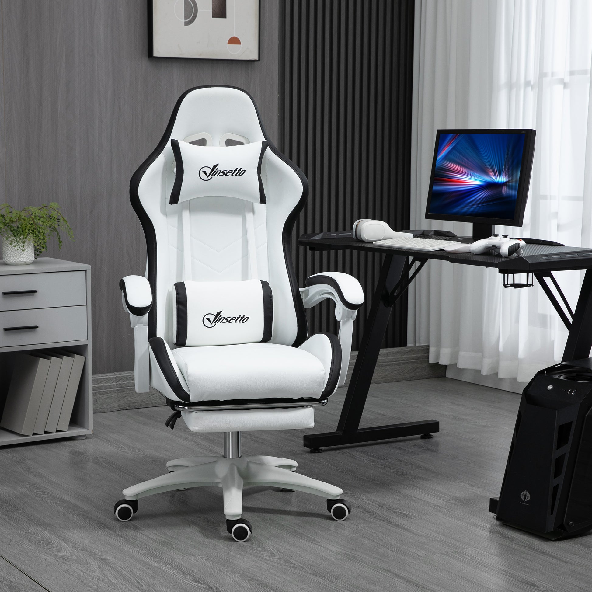 Image for Vinsetto Racing Gaming Chair, Reclining PU Leather Computer Chair with 360 Degree Swivel Seat, Footrest, Removable Headrest White and Black