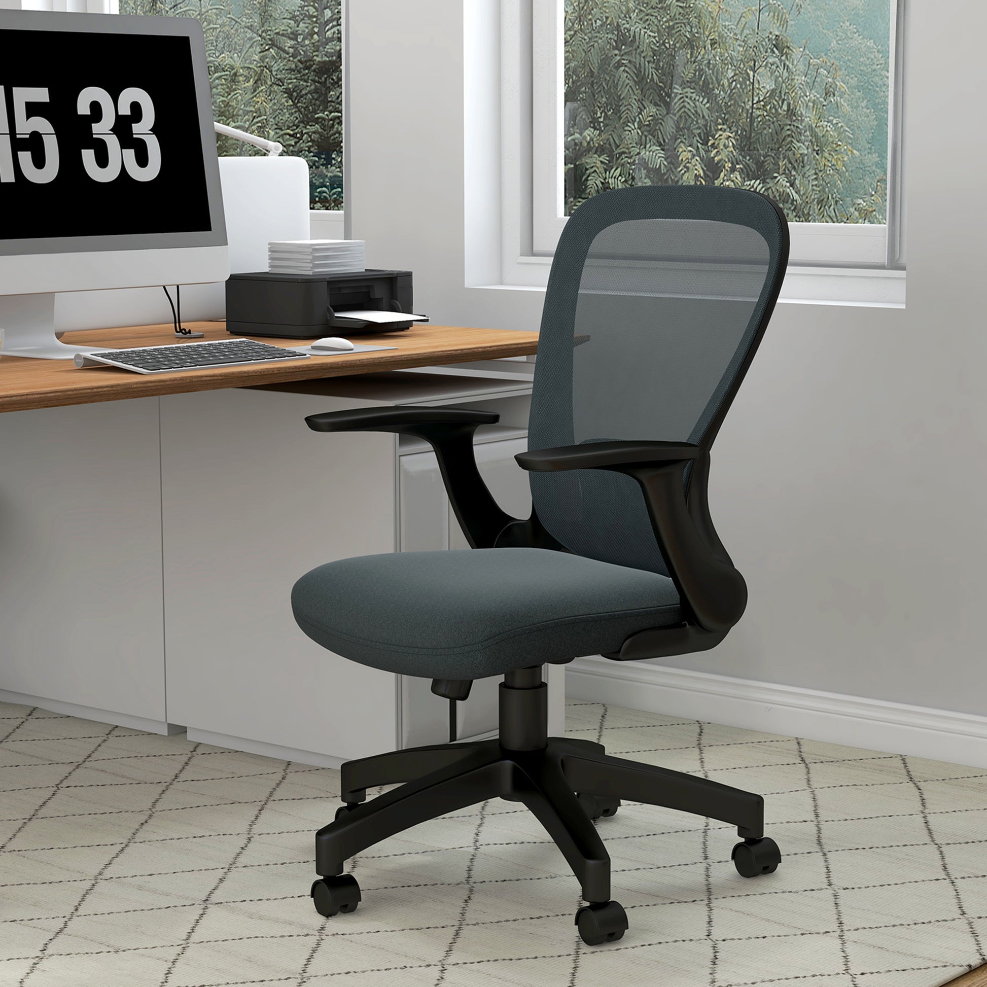 Image for Vinsetto Ergonomic Office Chair, Mesh Desk Chair with Flip-up Armrest, Lumbar Back Support, Swivel Wheels, Grey