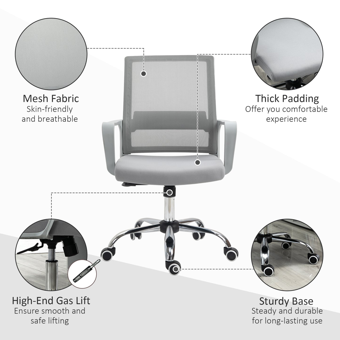 Image for Vinsetto Ergonomic Desk Chair Mesh Office Chair with Adjustable Height Armrest and 360° Swivel Castor Wheels Grey