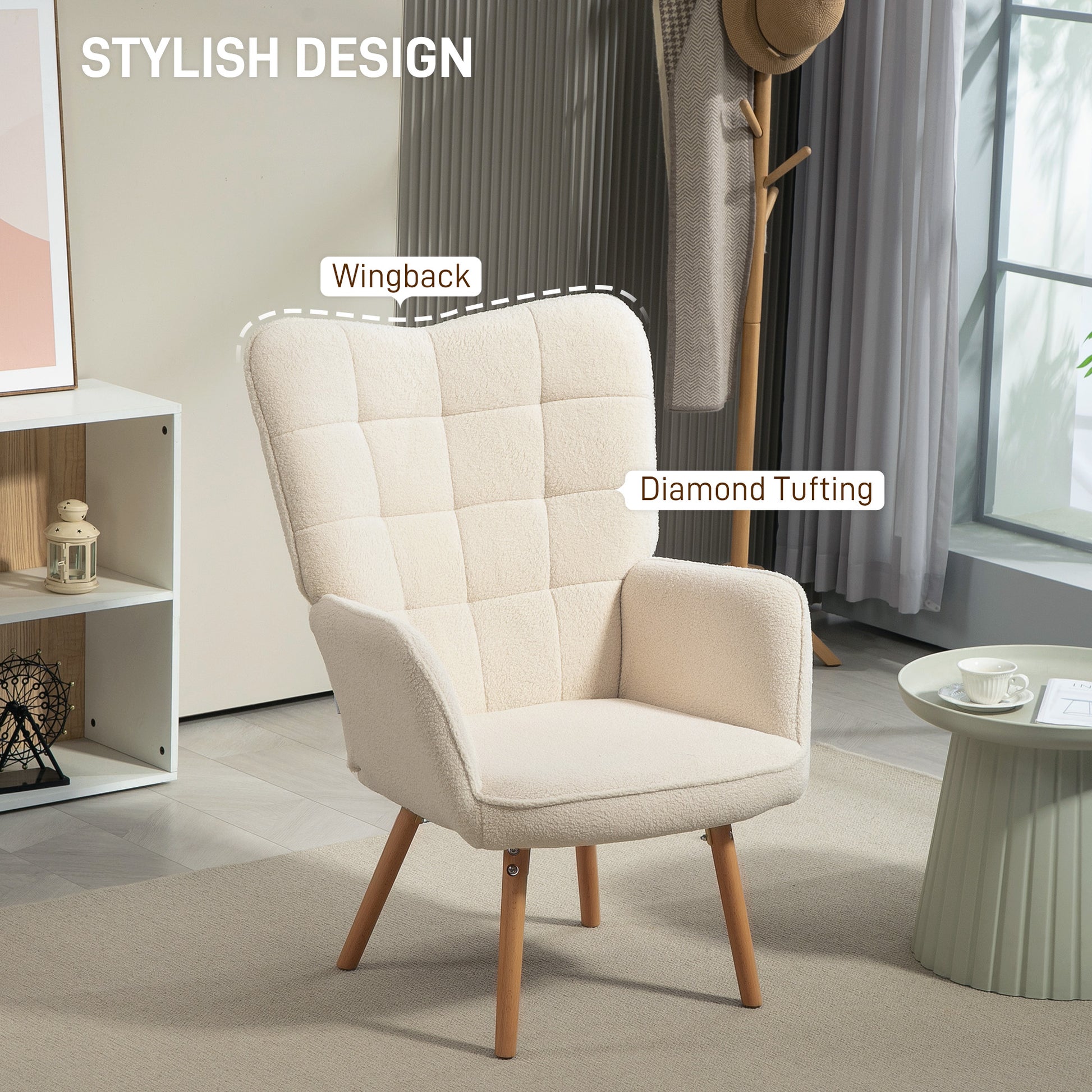 HOMCOM Modern Accent Chair, Upholstered Tufted Wingback Armchair with Seat Padding, Teddy Fleece Leisure Lounge Bedroom Chair with Wood Legs, Cream White - ChairwayUK