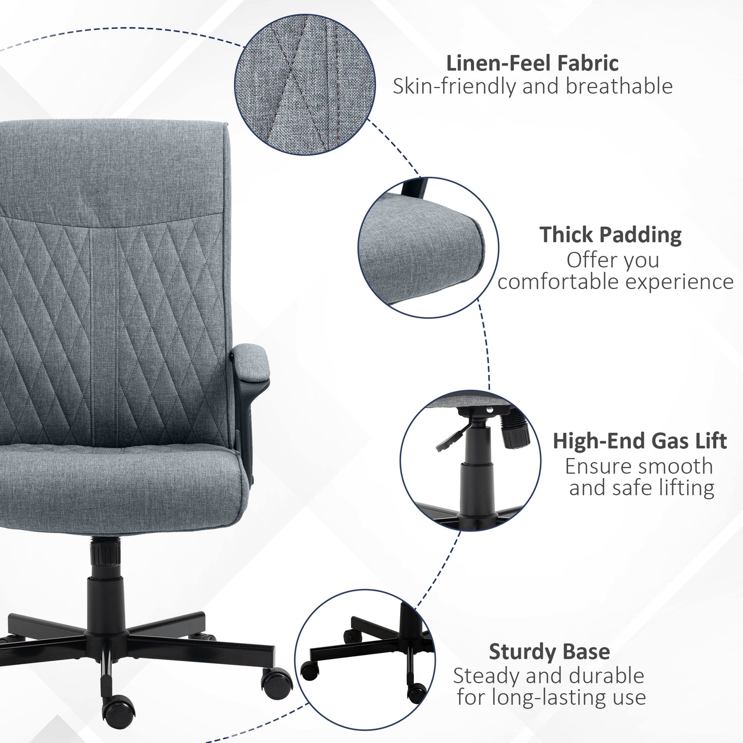 Image for Vinsetto High-Back Home Office Chair, Linen Swivel Computer Chair with Adjustable Height and Tilt Function for Living Room, Bedroom, Study, Dark Grey