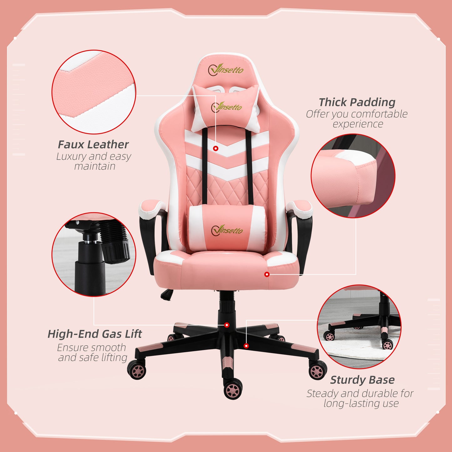 Image for Vinsetto Racing Gaming Chair with Lumbar Support, Headrest, Swivel Wheel, PVC Leather Gamer Desk Chair for Home Office, Pink White