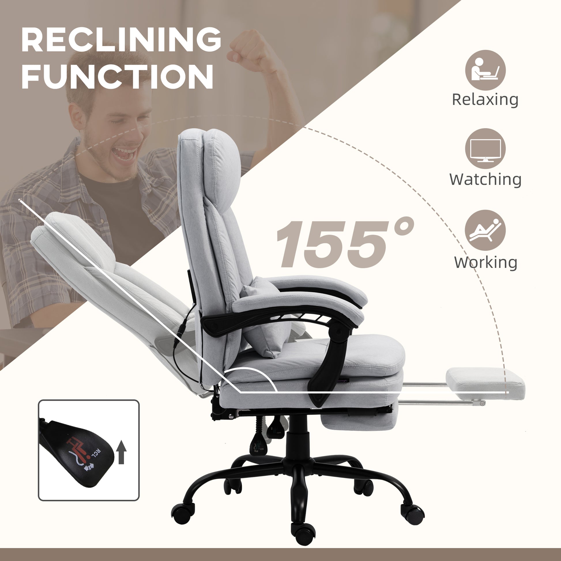 Image for Vinsetto Vibration Massage Office Chair with Heat, Microfibre Computer Chair with Footrest, Lumbar Support Pillow, Armrest, Reclining Back, Grey