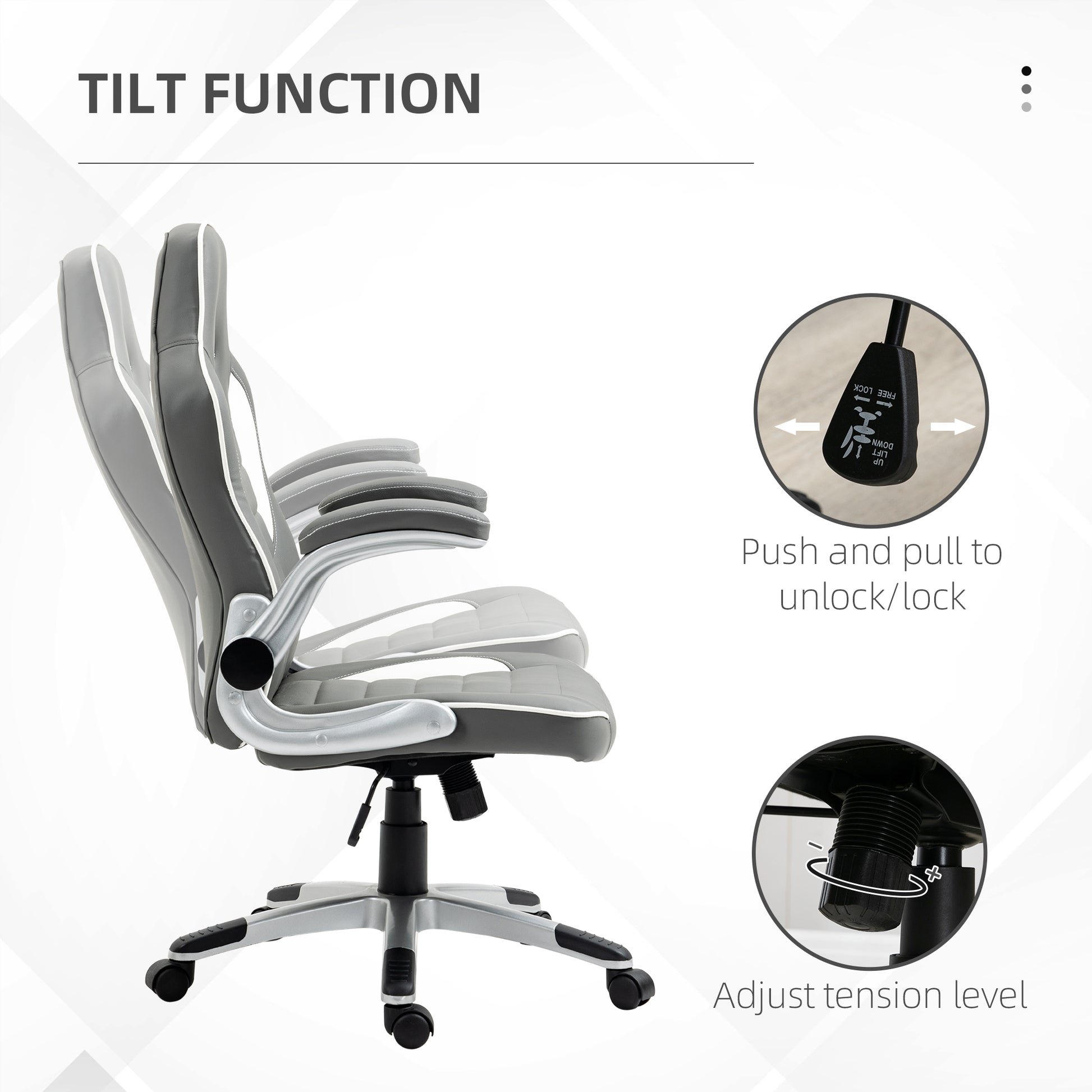 Image for HOMCOM Racing Gaming Chair, PU Leather Computer Desk Chair, Height Adjustable Swivel Chair With Tilt Function and Flip Up Armrests, Grey