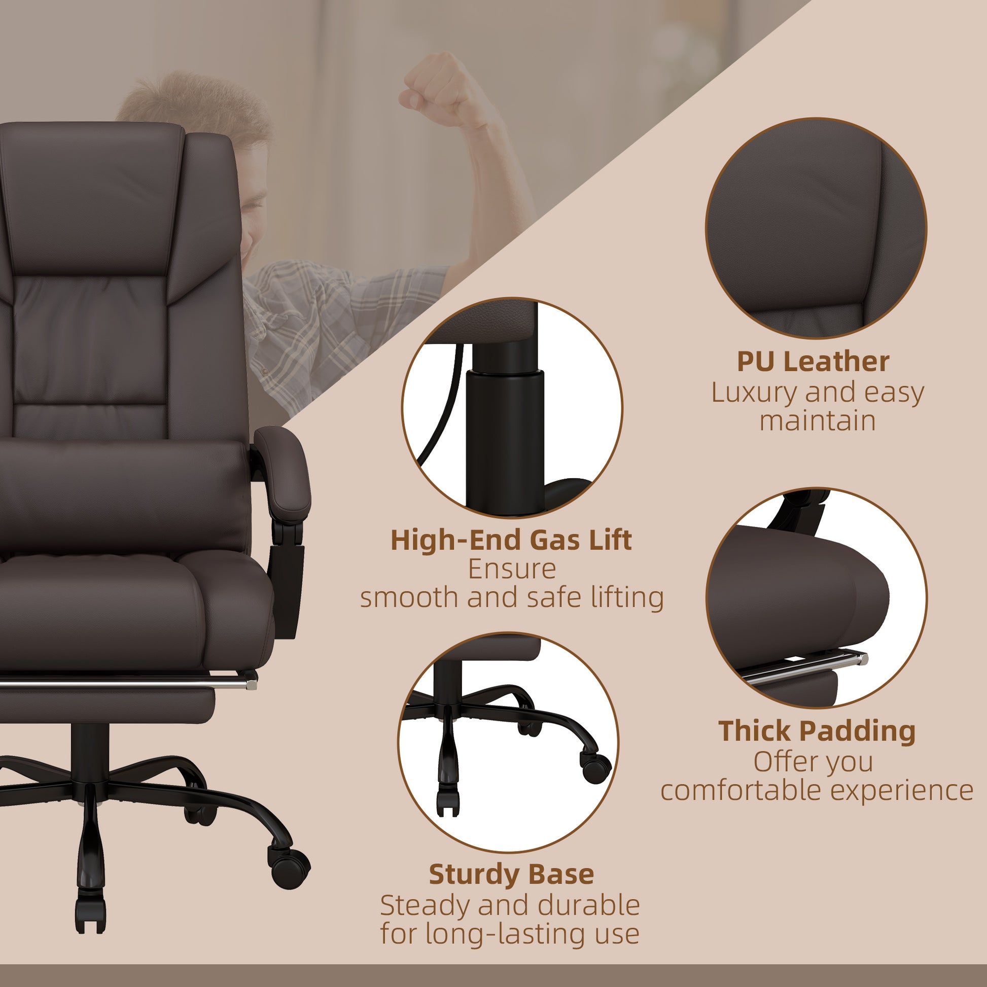 Image for Vinsetto 6-Point PU Leather Massage Office Chair with Swivel Wheels, Reclining Chair Office with Footrest, Remote, Brown