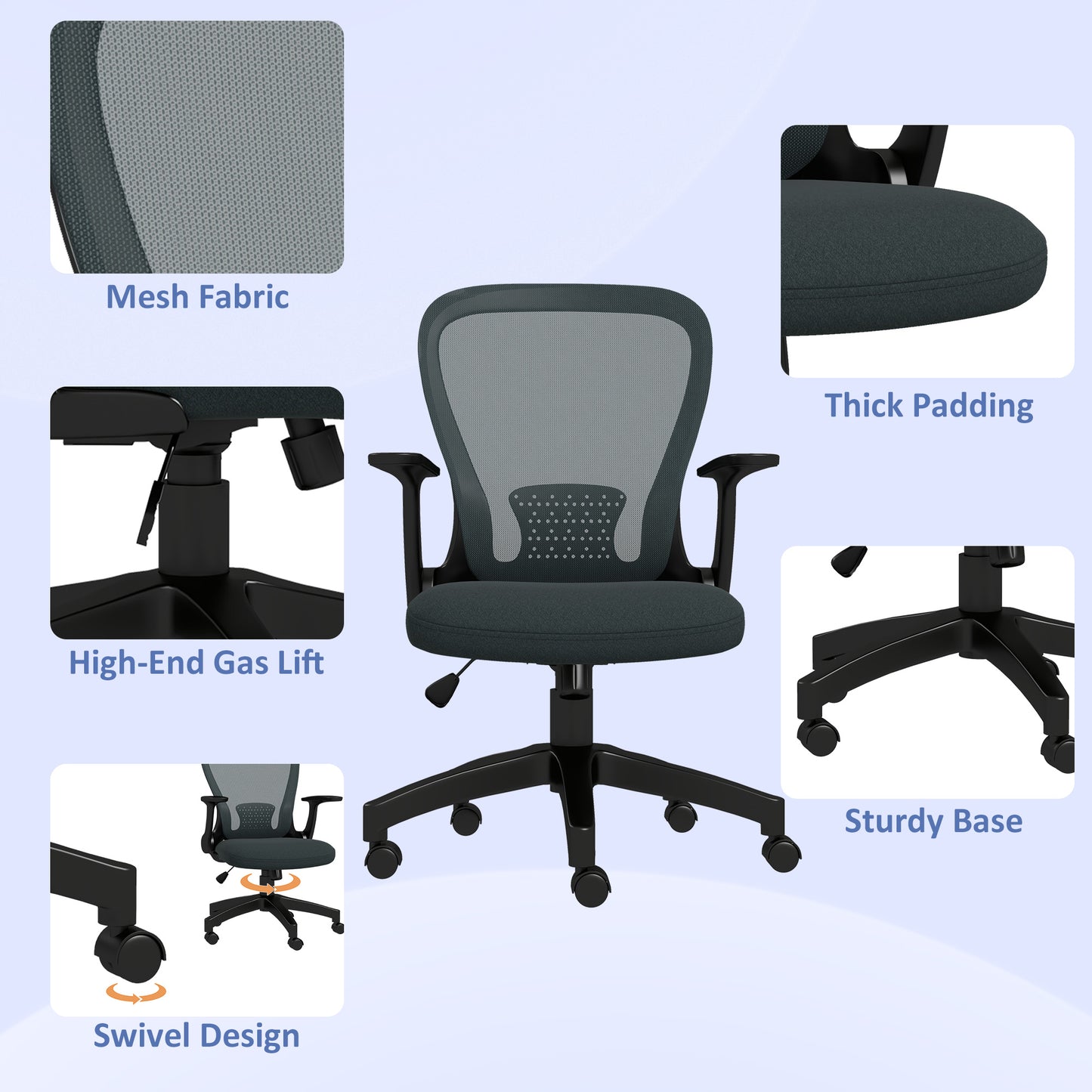 Image for Vinsetto Ergonomic Office Chair, Mesh Desk Chair with Flip-up Armrest, Lumbar Back Support, Swivel Wheels, Grey