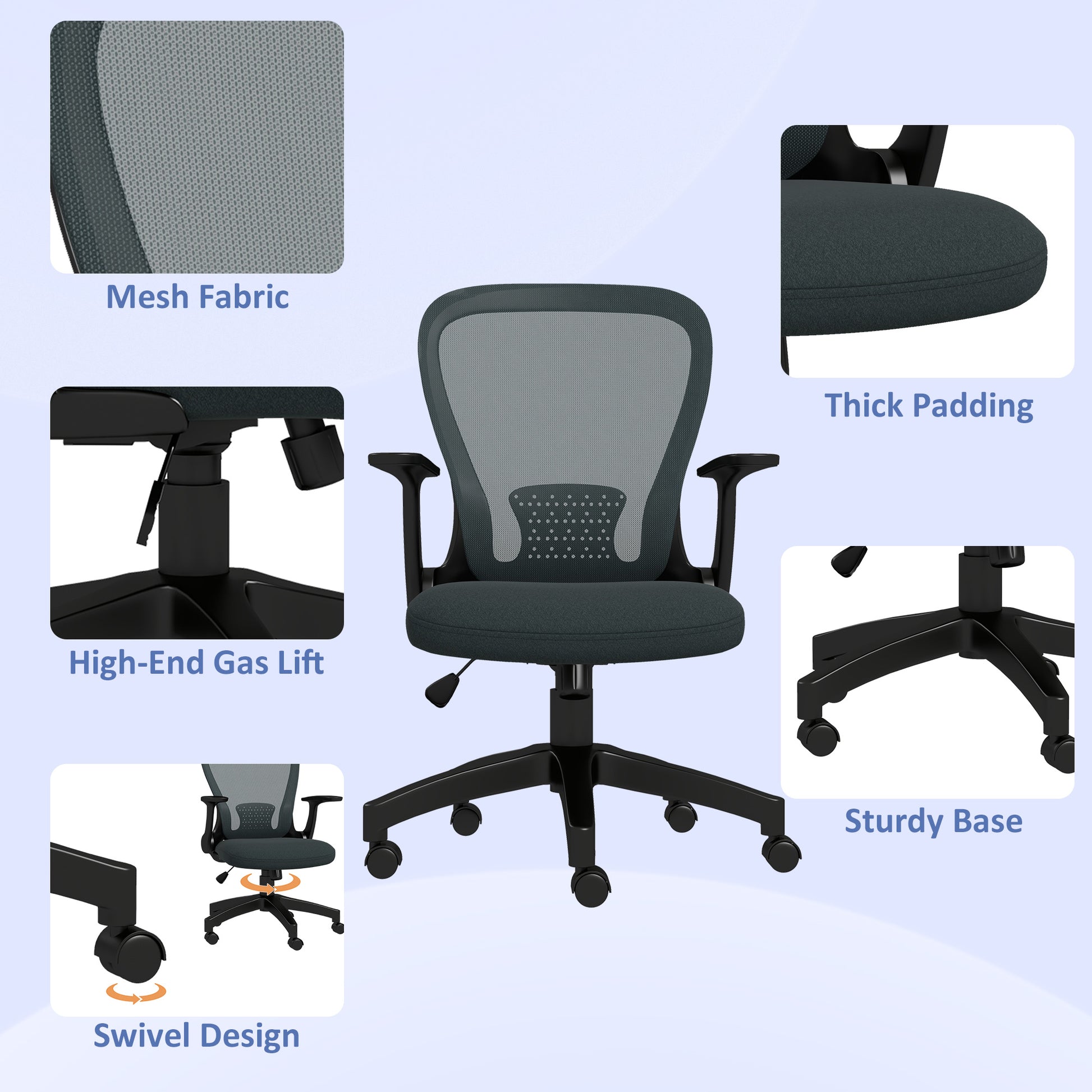 Image for Vinsetto Ergonomic Office Chair, Mesh Desk Chair with Flip-up Armrest, Lumbar Back Support, Swivel Wheels, Grey