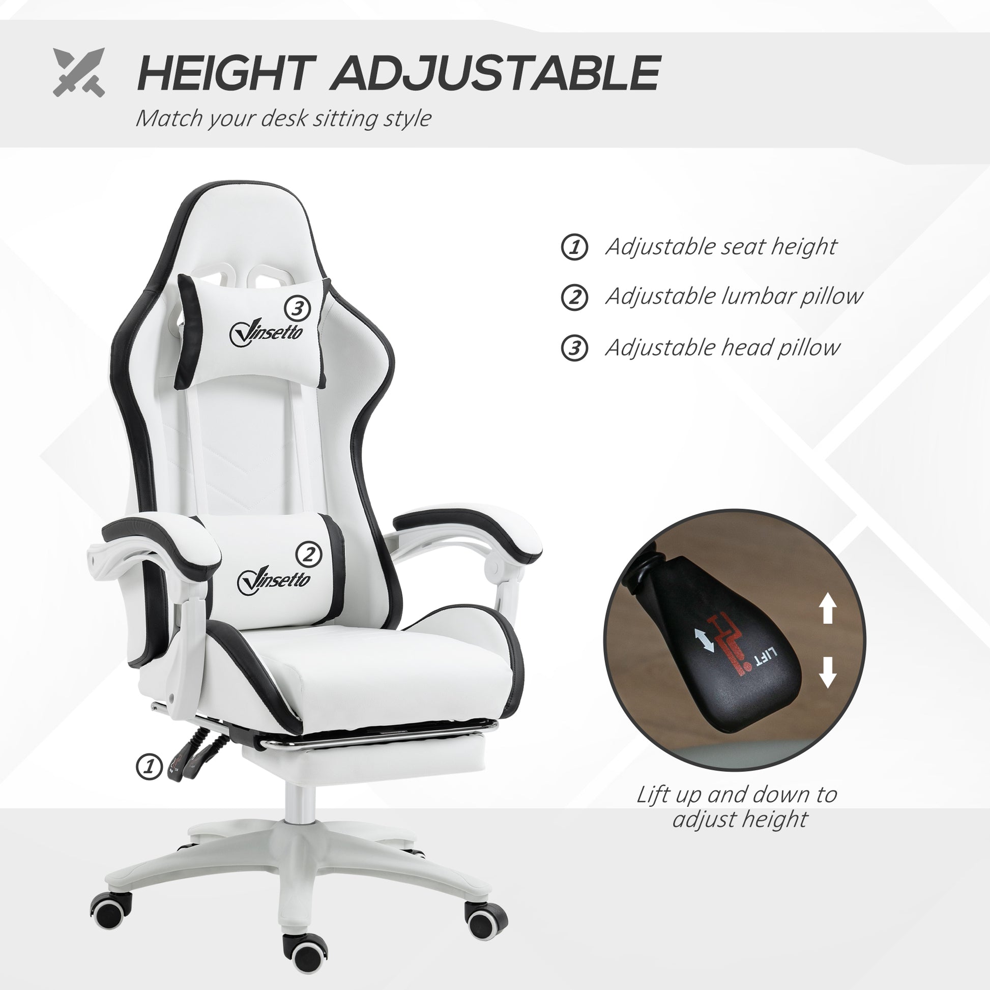 Image for Vinsetto Racing Gaming Chair, Reclining PU Leather Computer Chair with 360 Degree Swivel Seat, Footrest, Removable Headrest White and Black