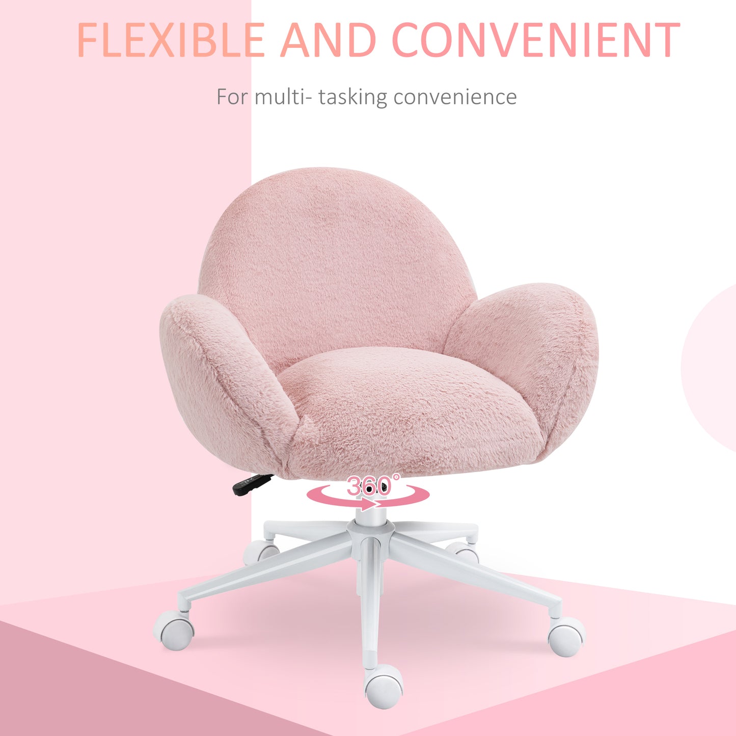 Image for HOMCOM Fluffy Leisure Chair Office Chair with Backrest and Armrest for Home Bedroom Living Room with Wheels Pink