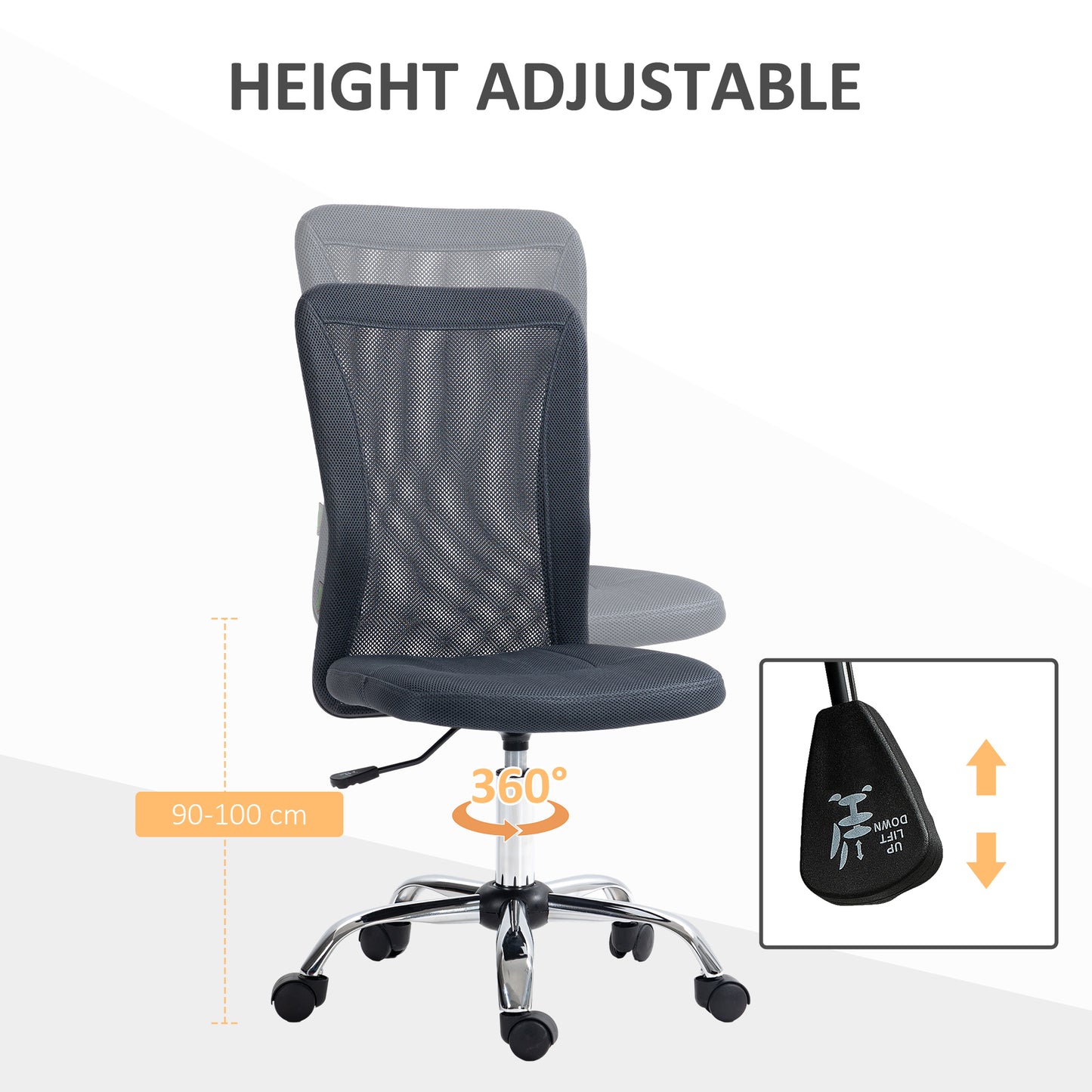 Image for Vinsetto Computer Desk Chair, Mesh Office Chair with Adjustable Height and Swivel Wheels, Armless Study Chair, Dark Grey