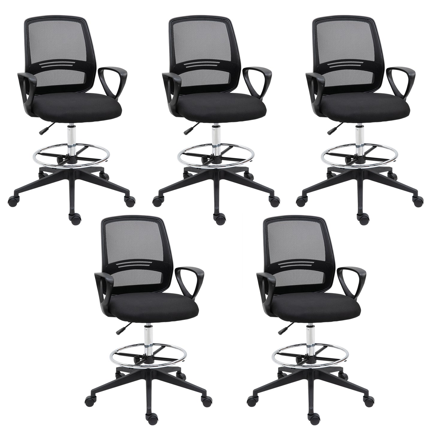 Image for Vinsetto Ergonomic Mesh Back Draughtsman Chairs Tall Office Chair with Adjustable Height and Footrest 360° Swivel, Set of 5